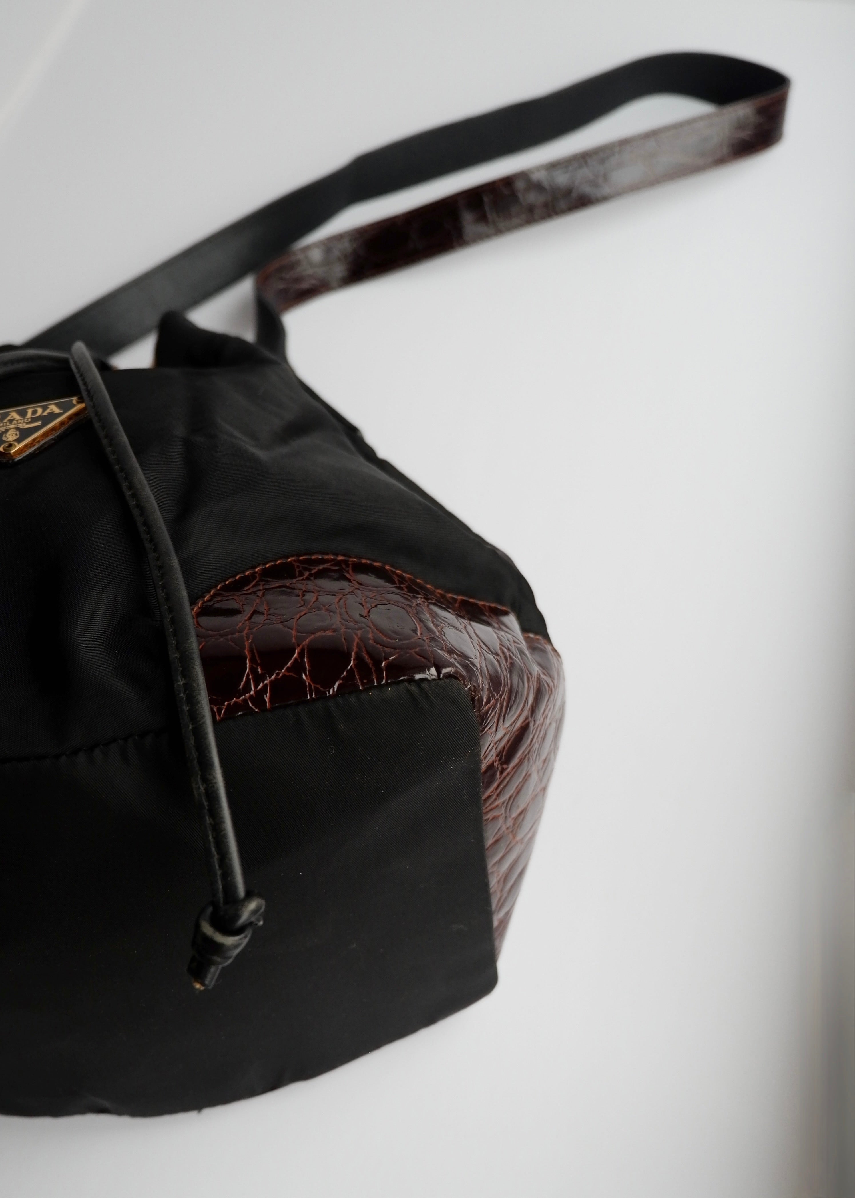 Authentic Preowned Prada Black/Brown Nylon/Leather Bucket Shoulder Bag