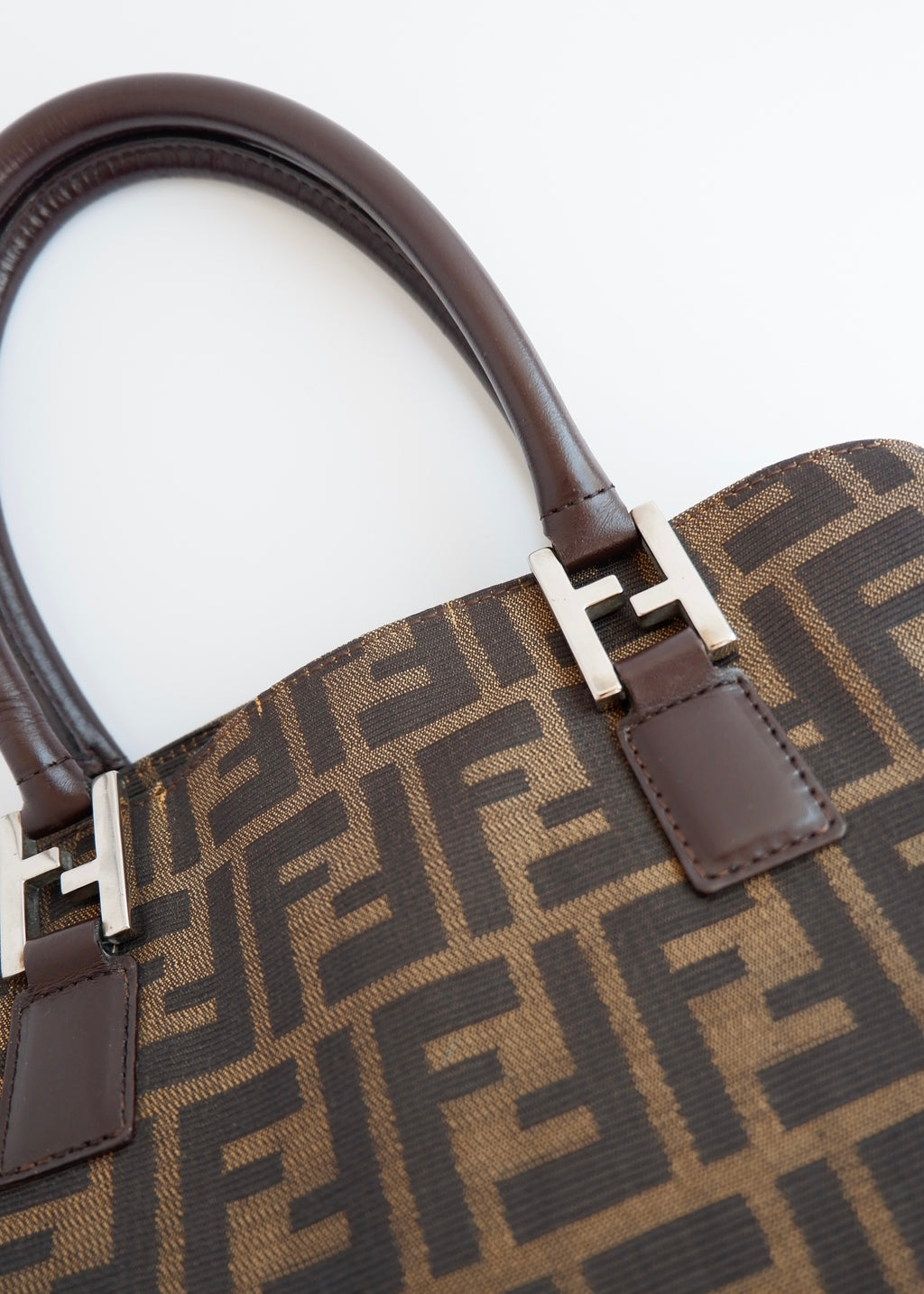 Authentic Preownd Vintage Fendi Brown Canvas Zucca Bowler Shoulder Bag