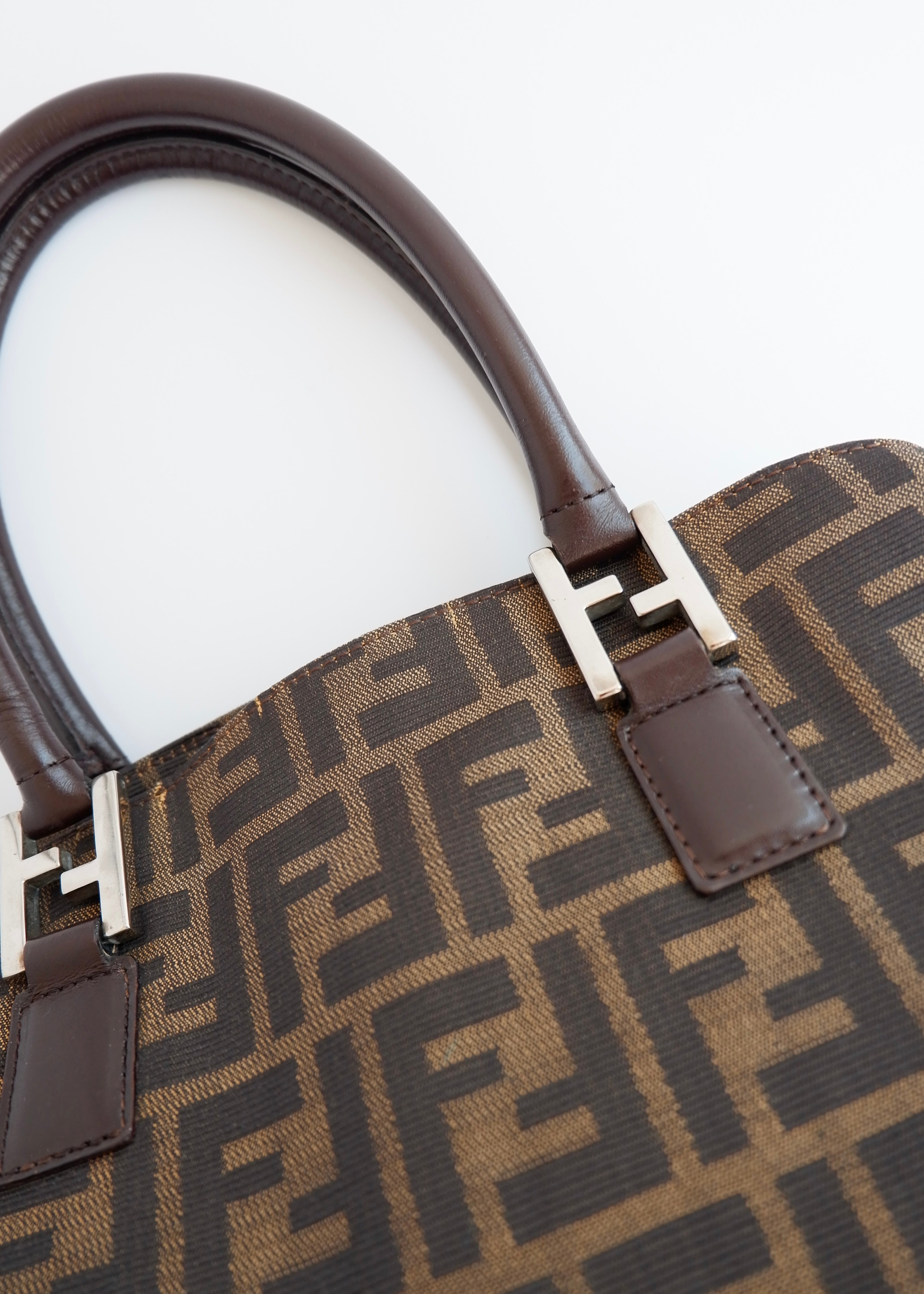 Authentic Preownd Vintage Fendi Brown Canvas Zucca Bowler Shoulder Bag