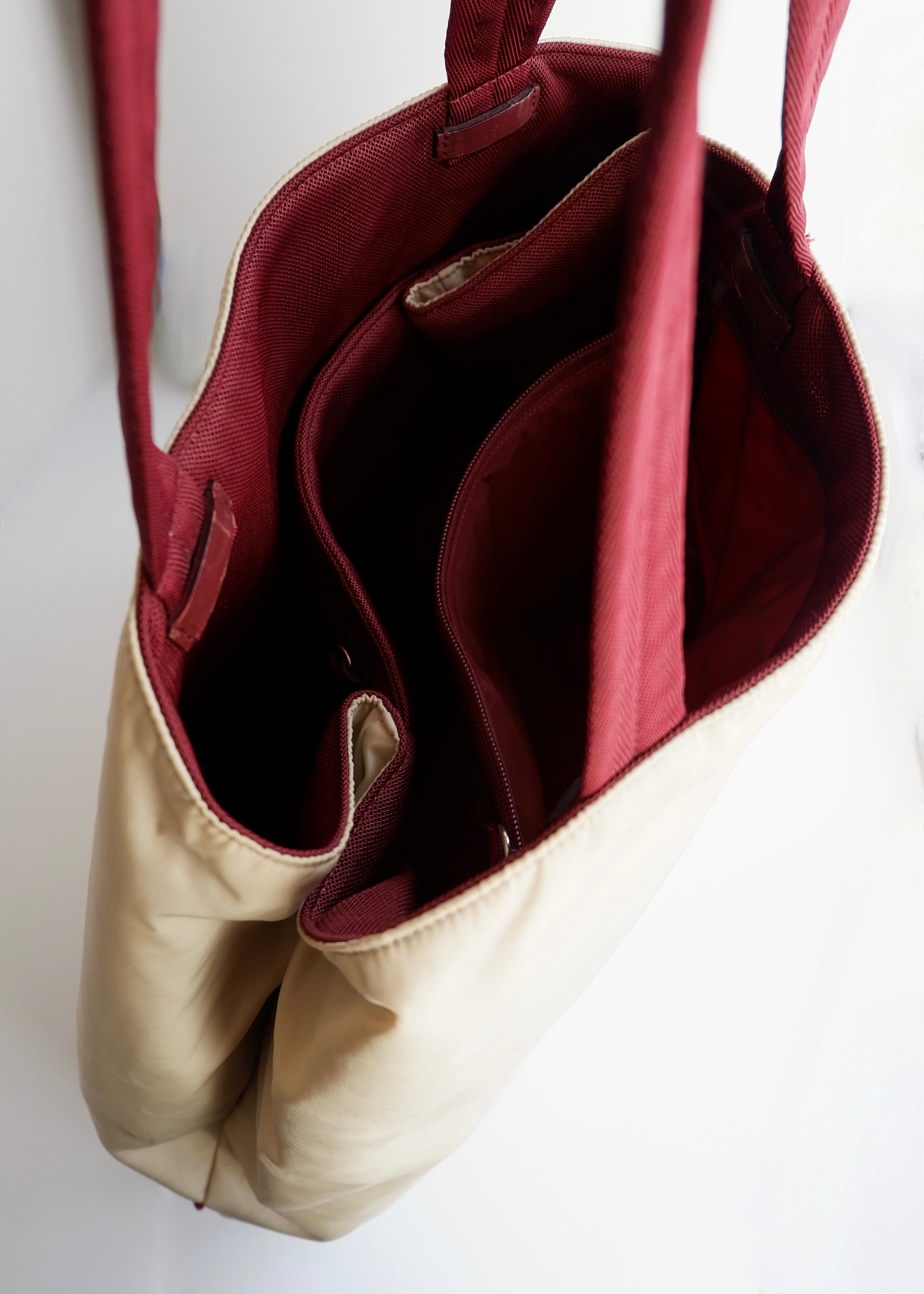Authentic Preowned Prada Beige/ Burgundy Nylon Oversized Tote Bag
