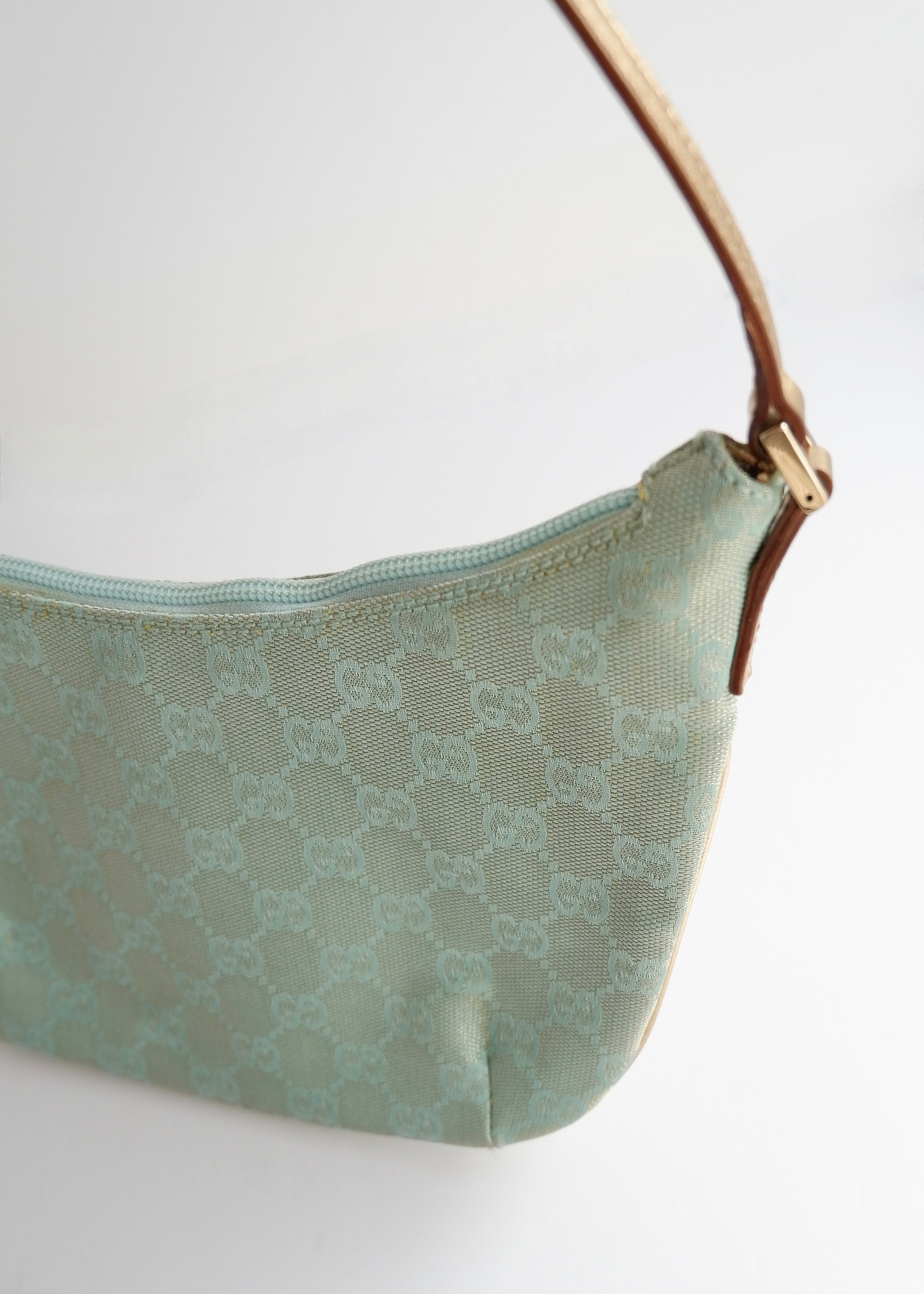 Authentic Preowned Gucci Blue GG Canvas Gold Strap Half Moon Shoulder Bag