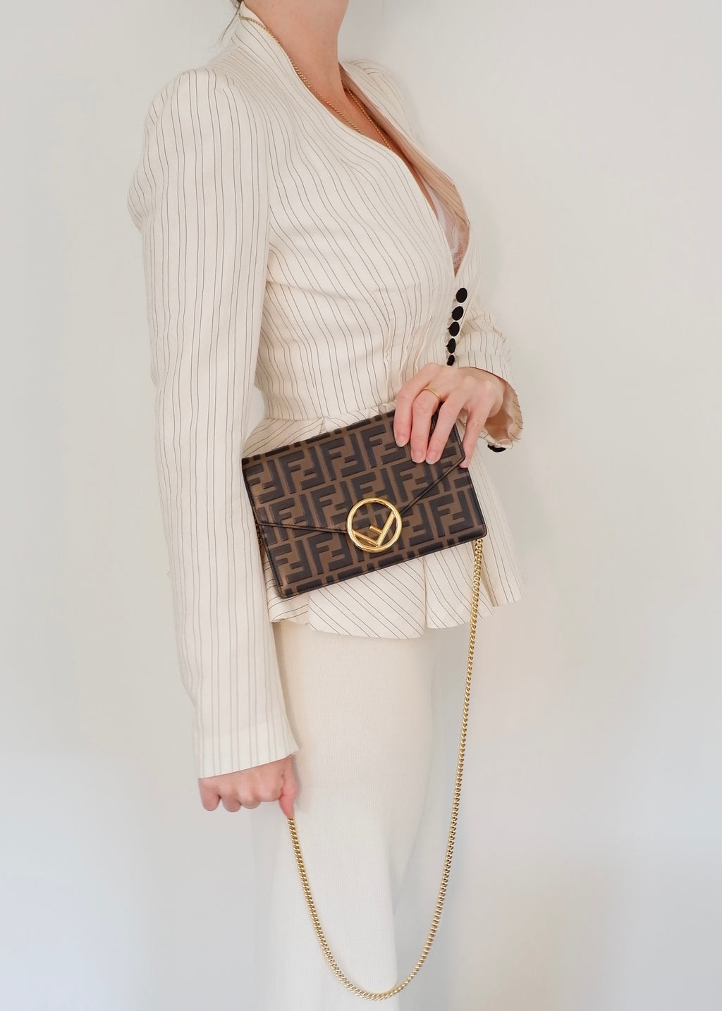 Preowned Fendi Brown Zucca Embossed Leather Wallet on Chain