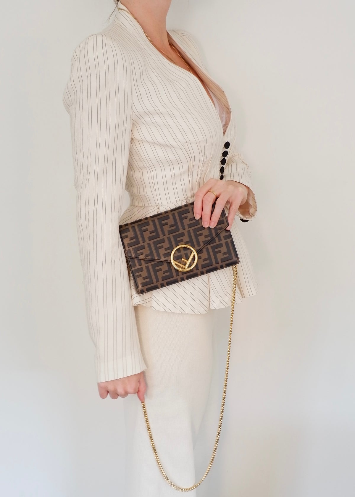 Preowned Fendi Brown Zucca Embossed Leather Wallet on Chain
