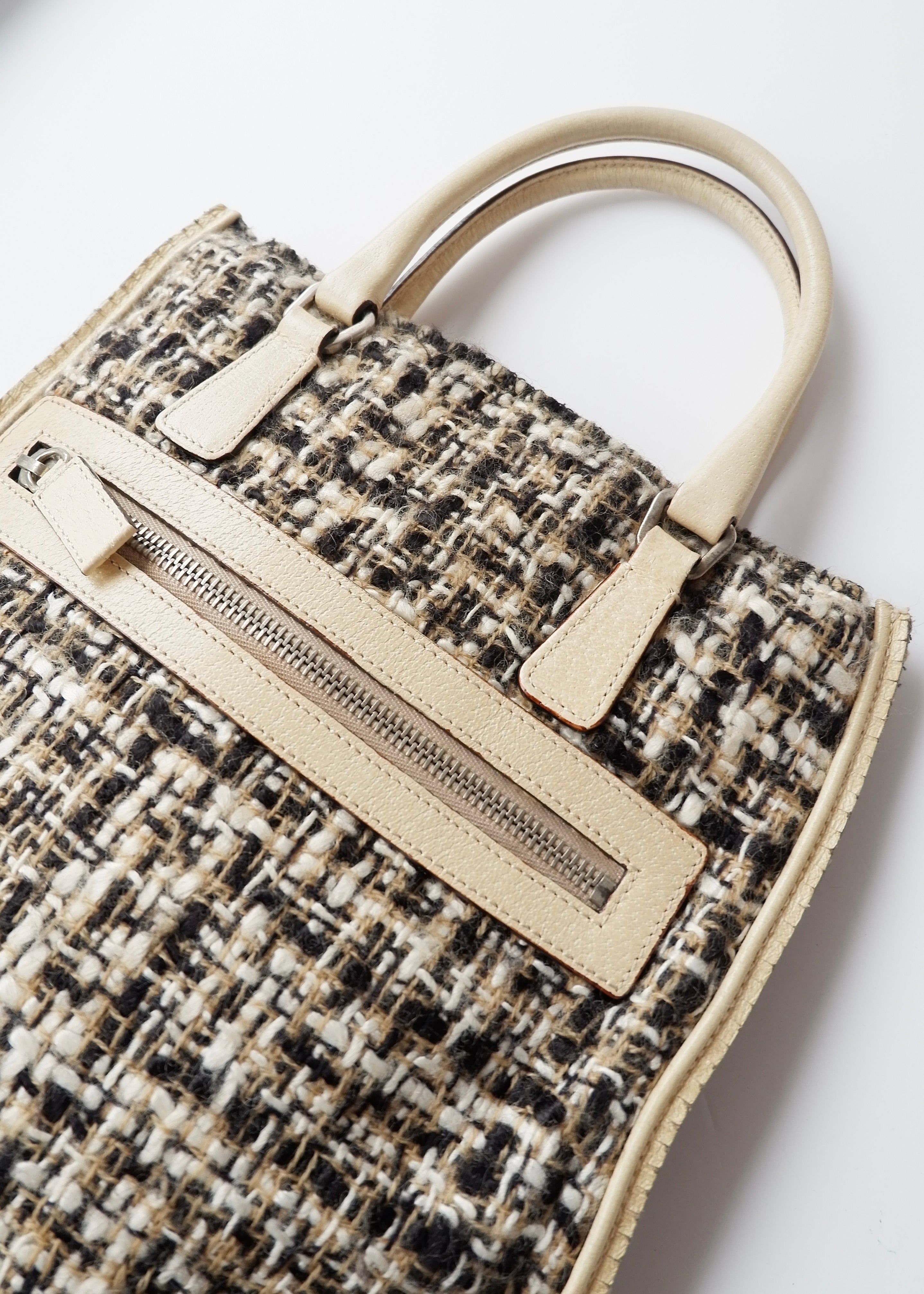 Preowned Prada Beige Tweed/ Leather Top Handle Bag