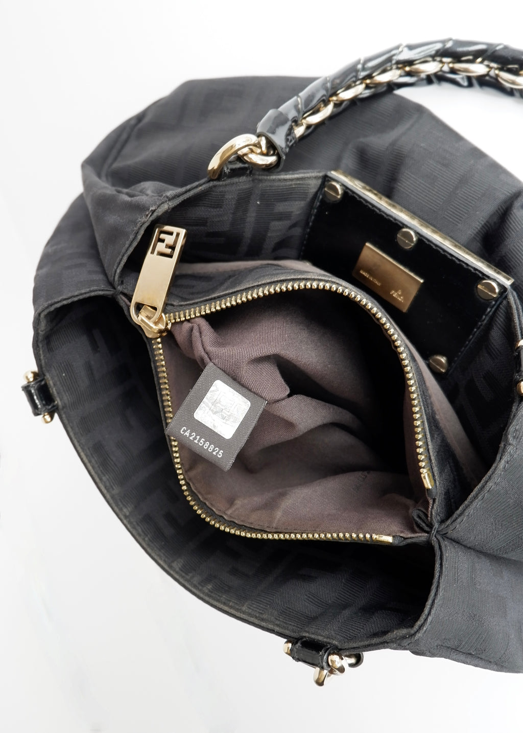 Preowned Fendi Black Zucca Print Gold FF Logo Shoulder Bag