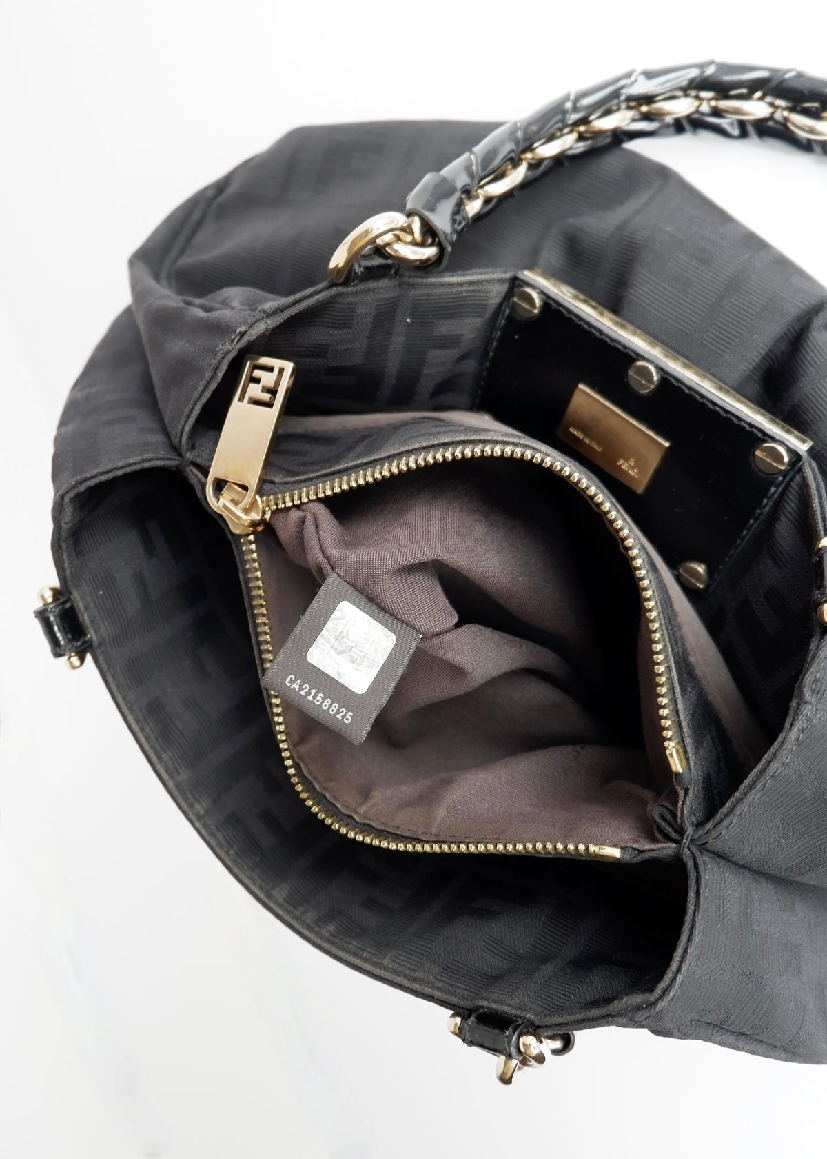 Preowned Fendi Black Zucca Print Gold FF Logo Shoulder Bag
