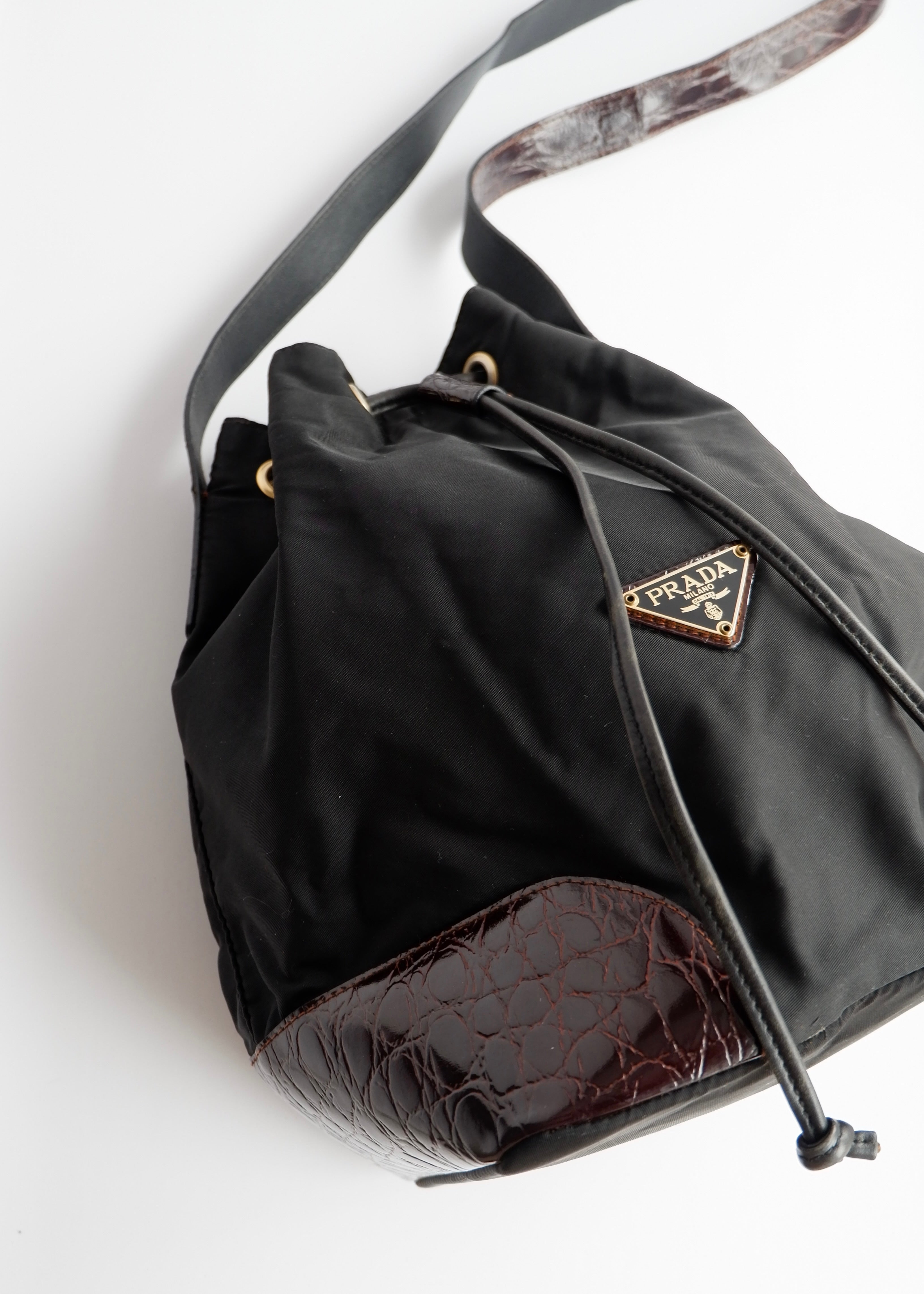 Authentic Preowned Prada Black/Brown Nylon/Leather Bucket Shoulder Bag