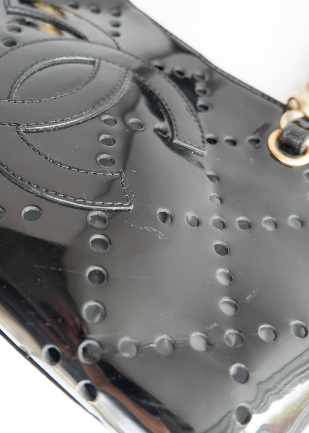 Authentic Preowned Chanel Black Patent Perforated Leather CC Logo Shoulder Bag