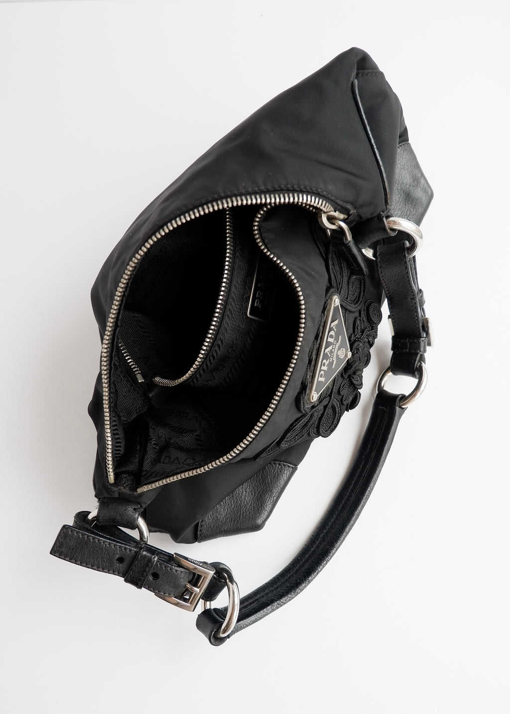 Authentic Preowned Prada Black Nylon Embroidered Hobo Shoulder Bag