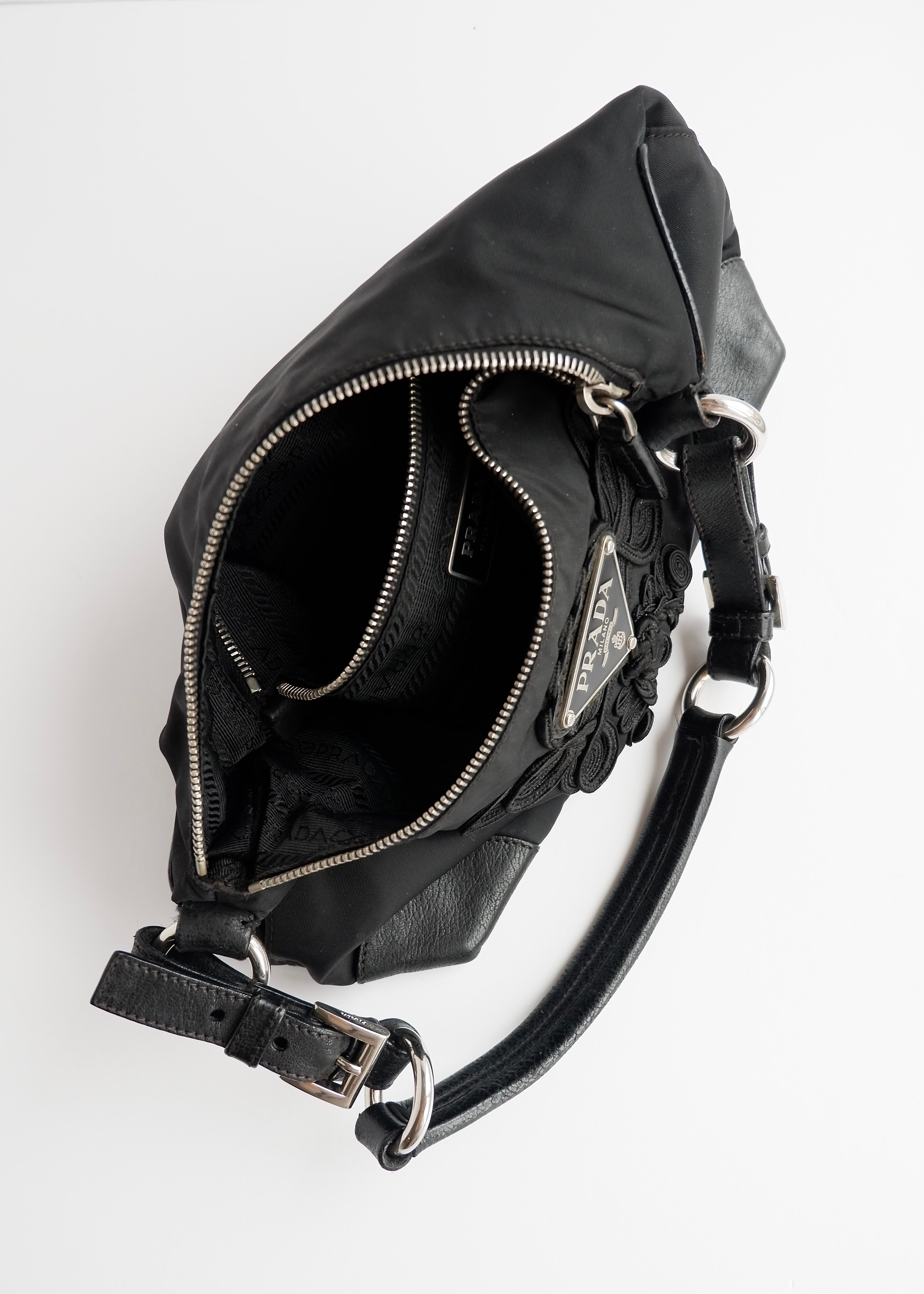 Authentic Preowned Prada Black Nylon Embroidered Hobo Shoulder Bag