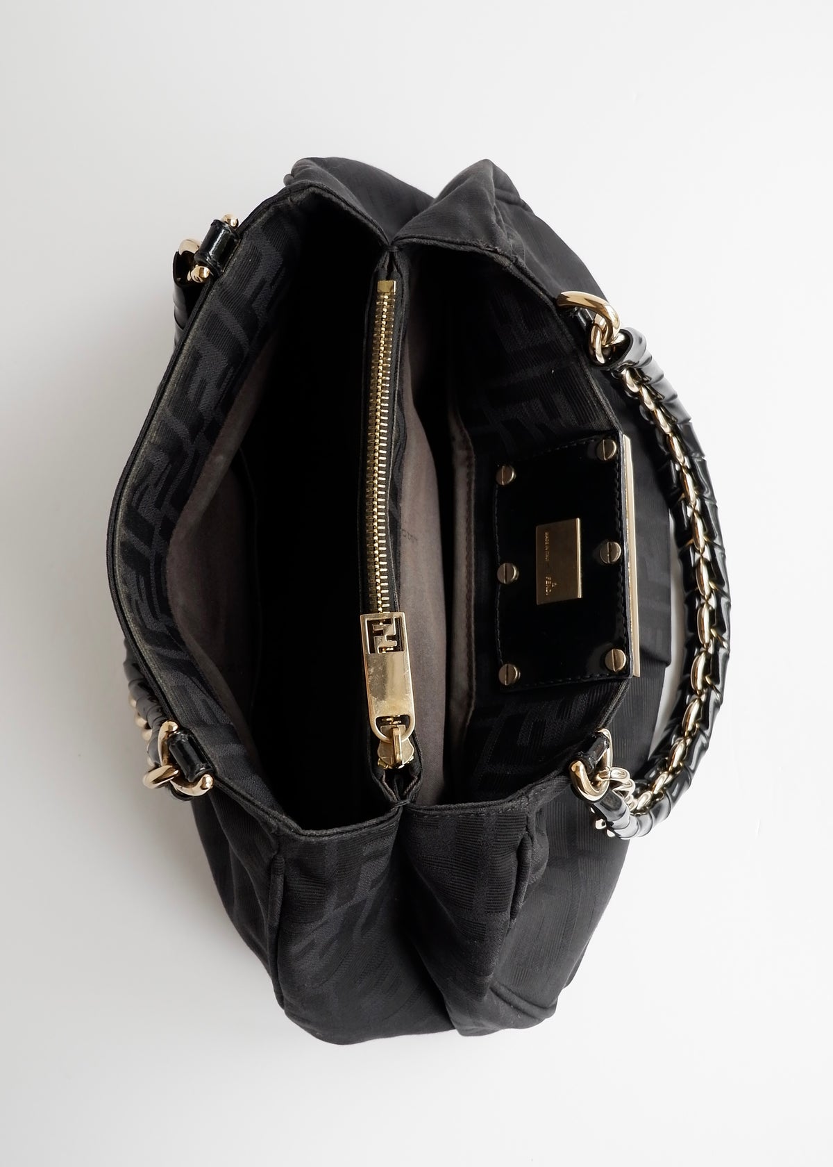 Preowned Fendi Black Zucca Print Gold FF Logo Shoulder Bag