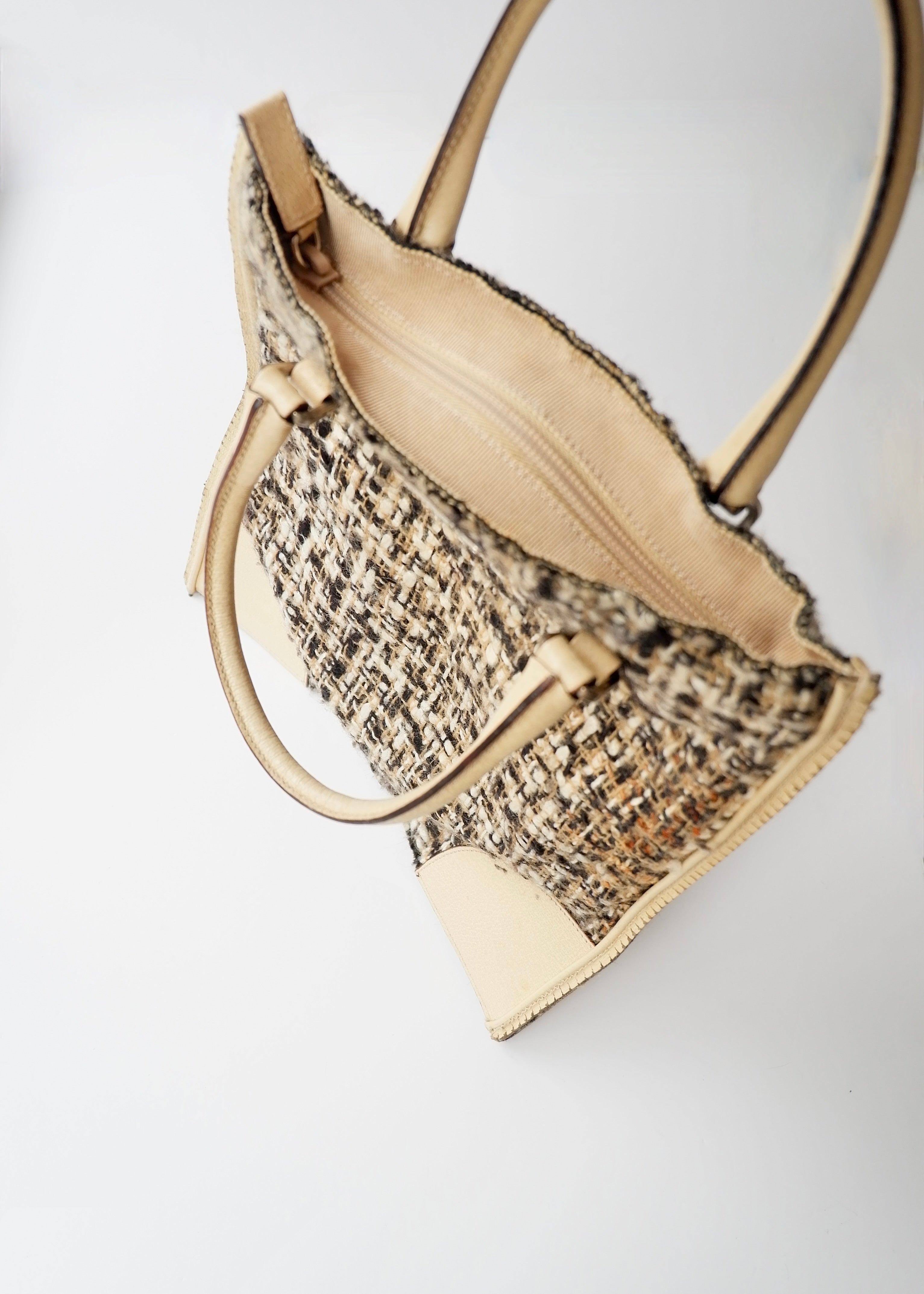 Preowned Prada Beige Tweed/ Leather Top Handle Bag