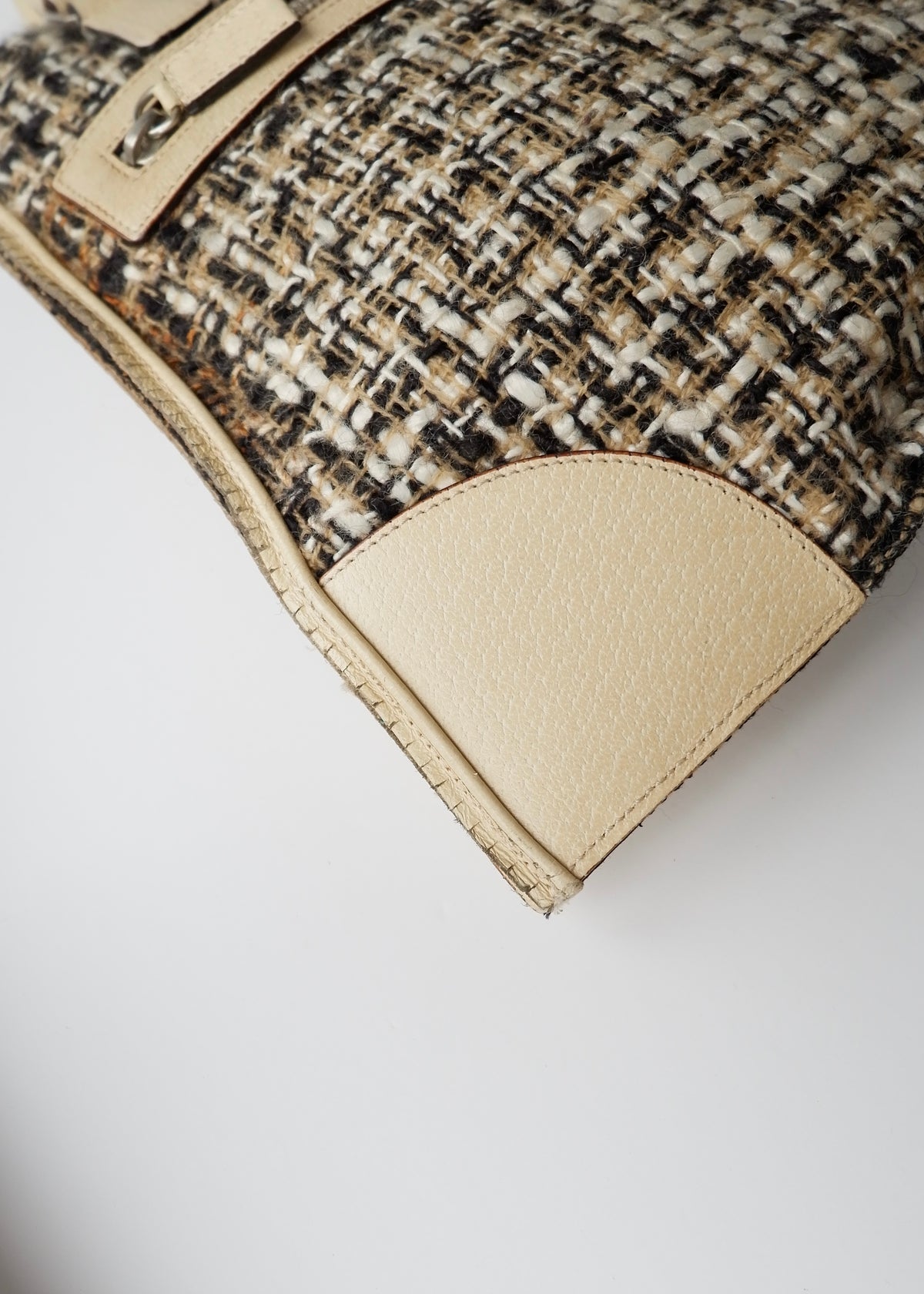 Preowned Prada Beige Tweed/ Leather Top Handle Bag