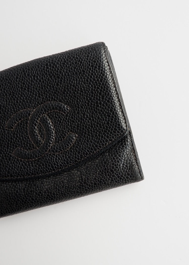 Authentic Preowned Vintage ChanelBlack Caviar Leather Bi-Fold Wallet