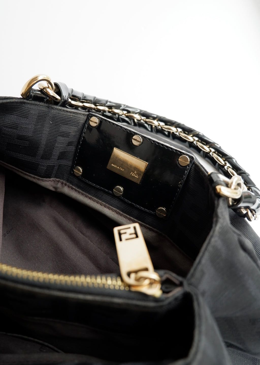 Preowned Fendi Black Zucca Print Gold FF Logo Shoulder Bag