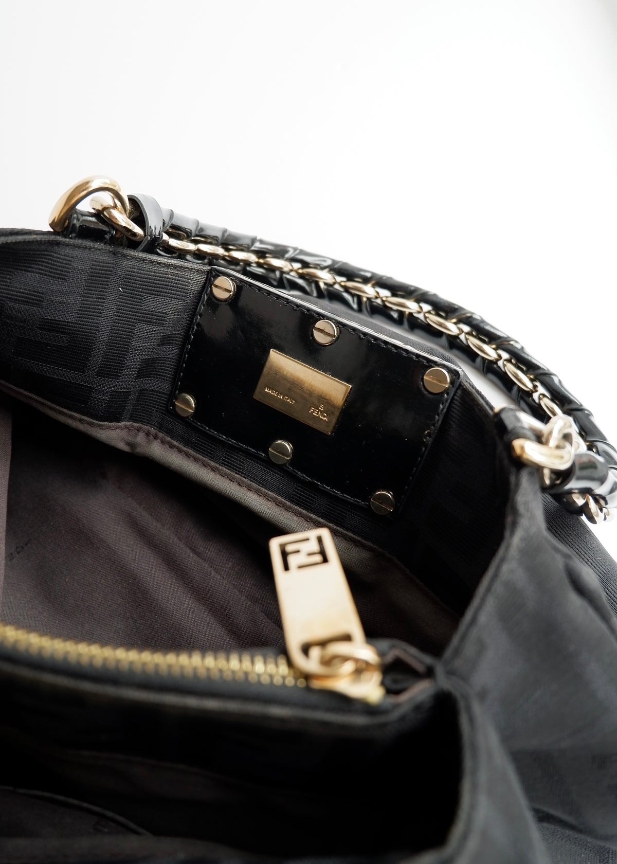 Preowned Fendi Black Zucca Print Gold FF Logo Shoulder Bag