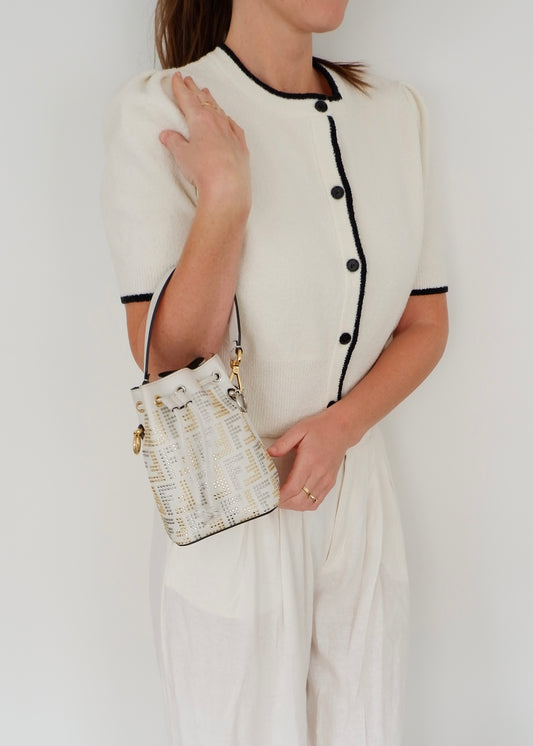 Authentic Preowned Fendi White Leather Zucca Studded Drawstring Bucket Bag