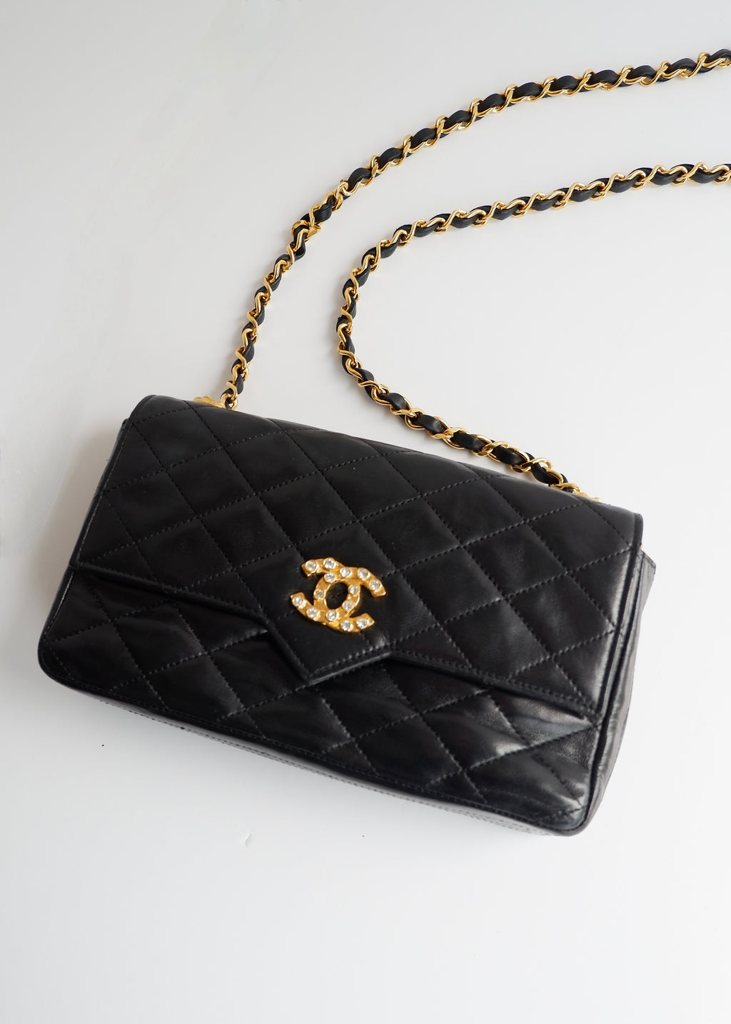 Authentic Preowned Vintage Chanel Black Lambskin Quilted Single Flap Crystal CC Logo Bag GHW