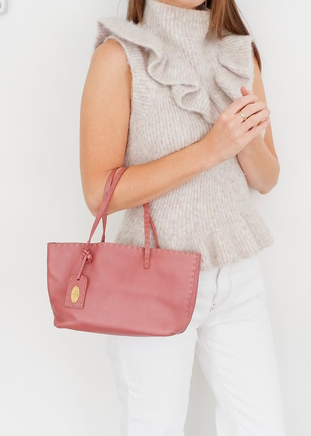 Sac à main Fendi Selleria en cuir rose authentique d'occasion, petite taille
