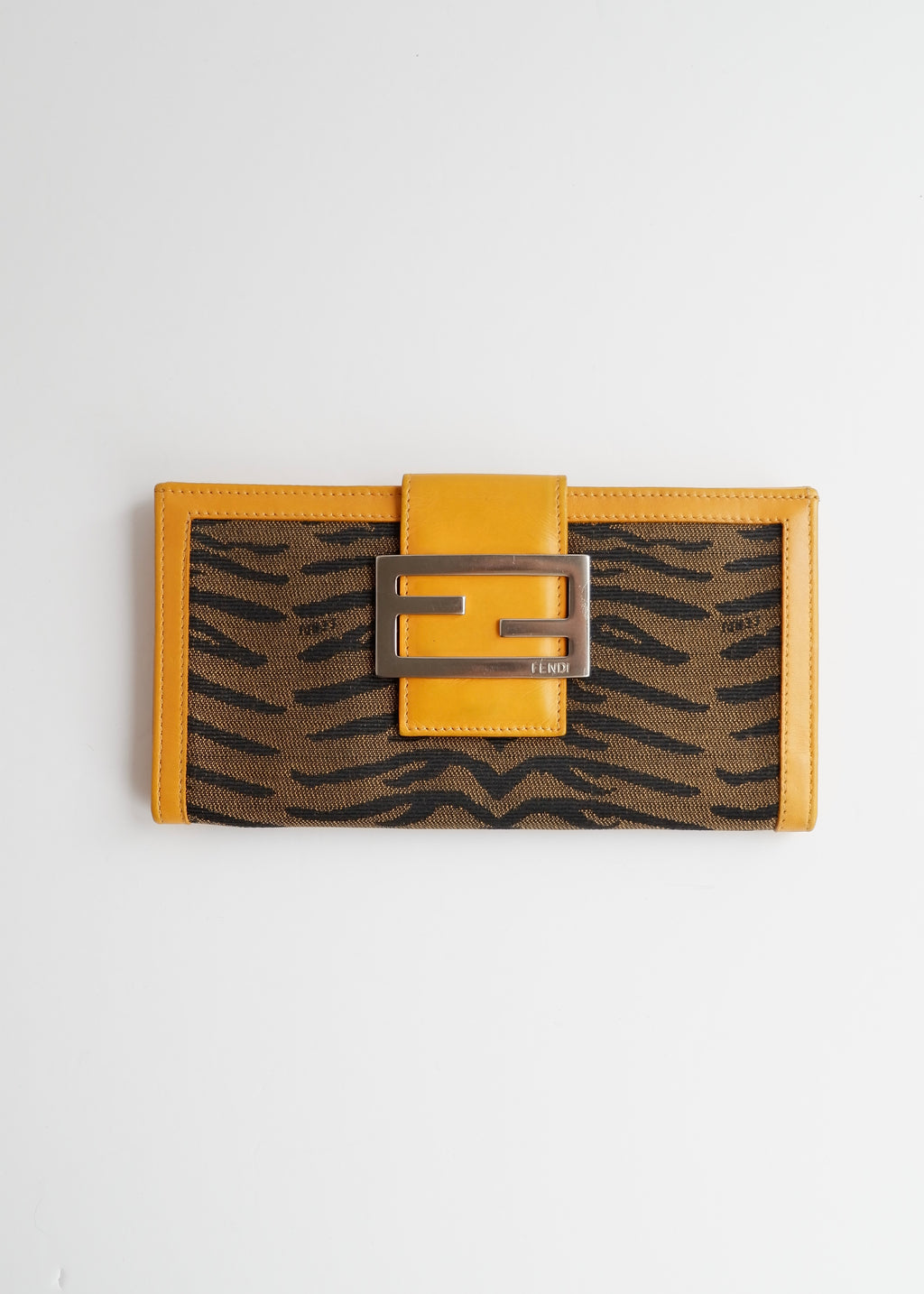 Preowned Vintage Fendi Yellow Leather Animal Print Canvas Long Wallet