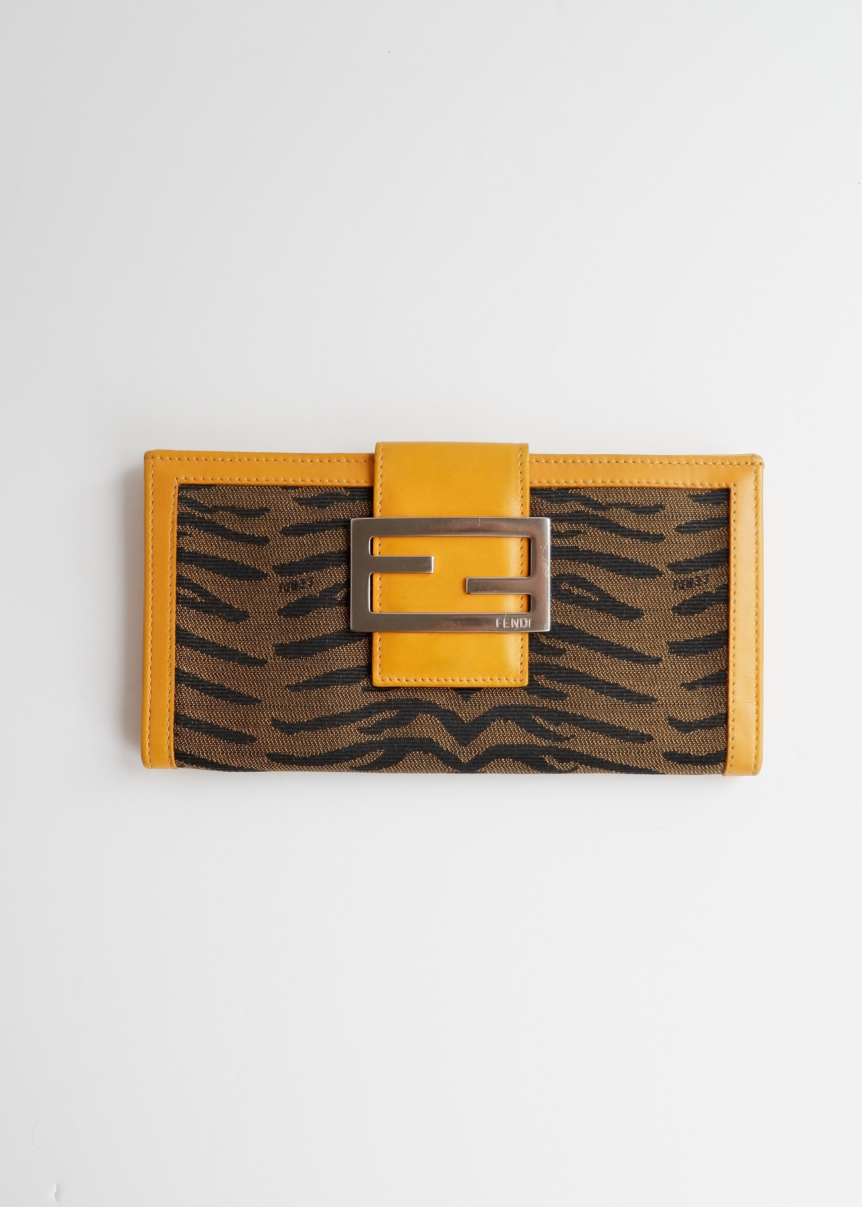 Preowned Vintage Fendi Yellow Leather Animal Print Canvas Long Wallet
