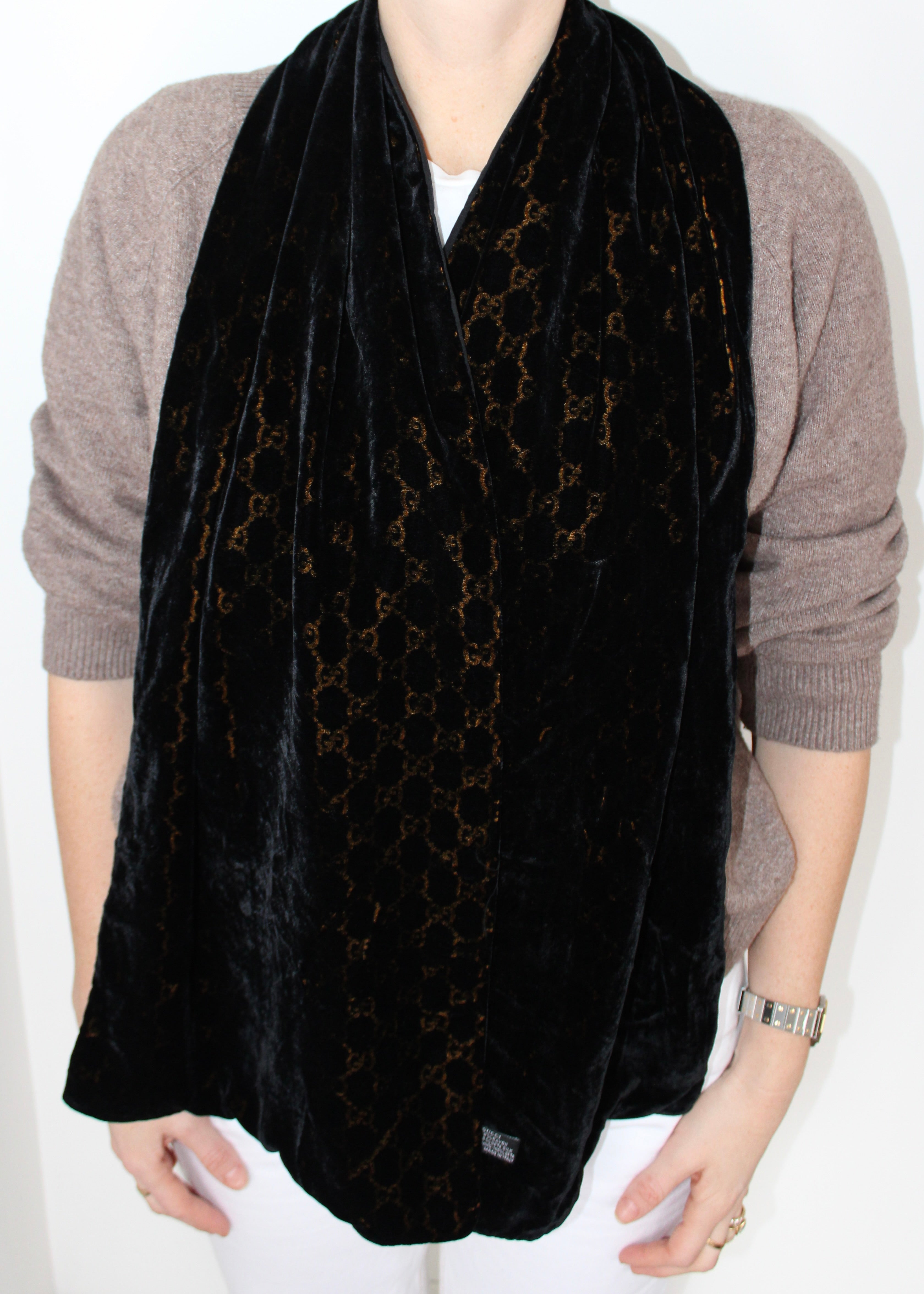 Authentic Preowned Gucci Black/Gold GG Logo Velvet Scarf