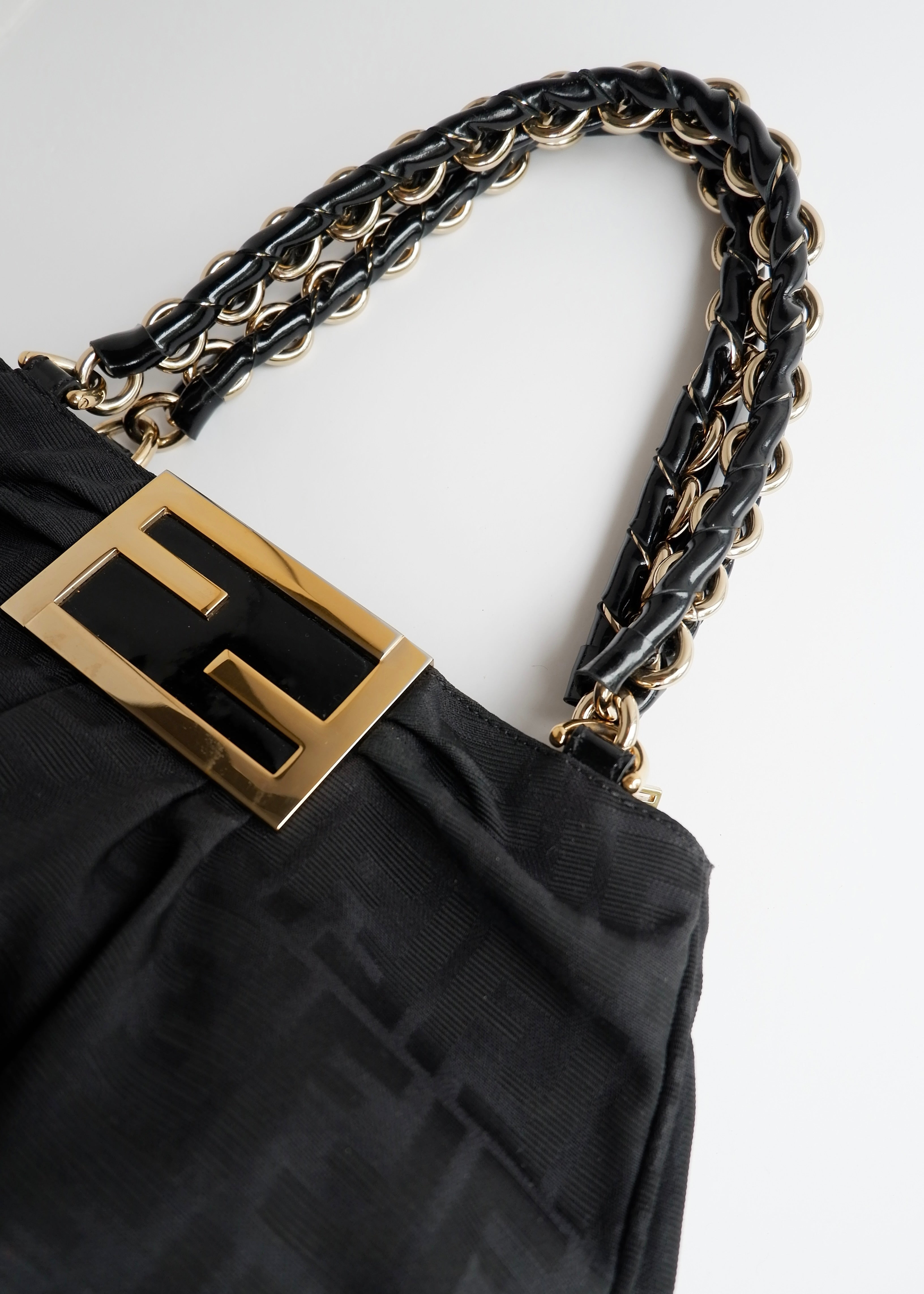 Preowned Fendi Black Zucca Print Gold FF Logo Shoulder Bag