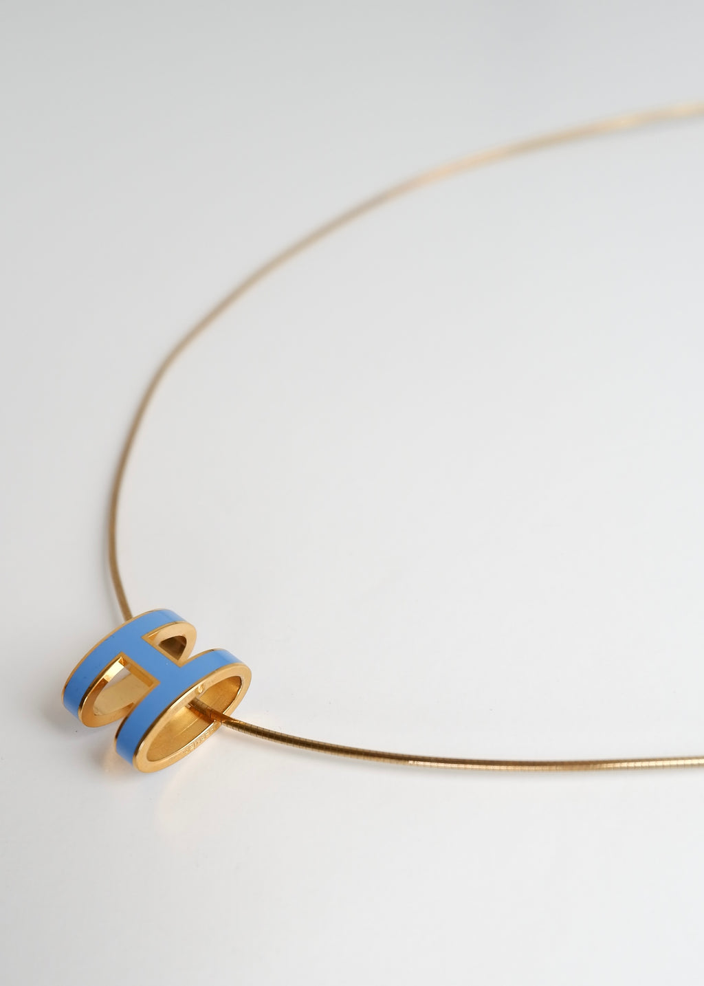Authentic Preowned Hermes Yellow Gold/ Blue Laquered H Pendant Necklace