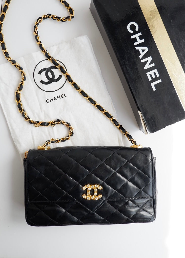 Authentic Preowned Vintage Chanel Black Lambskin Quilted Single Flap Crystal CC Logo Bag GHW