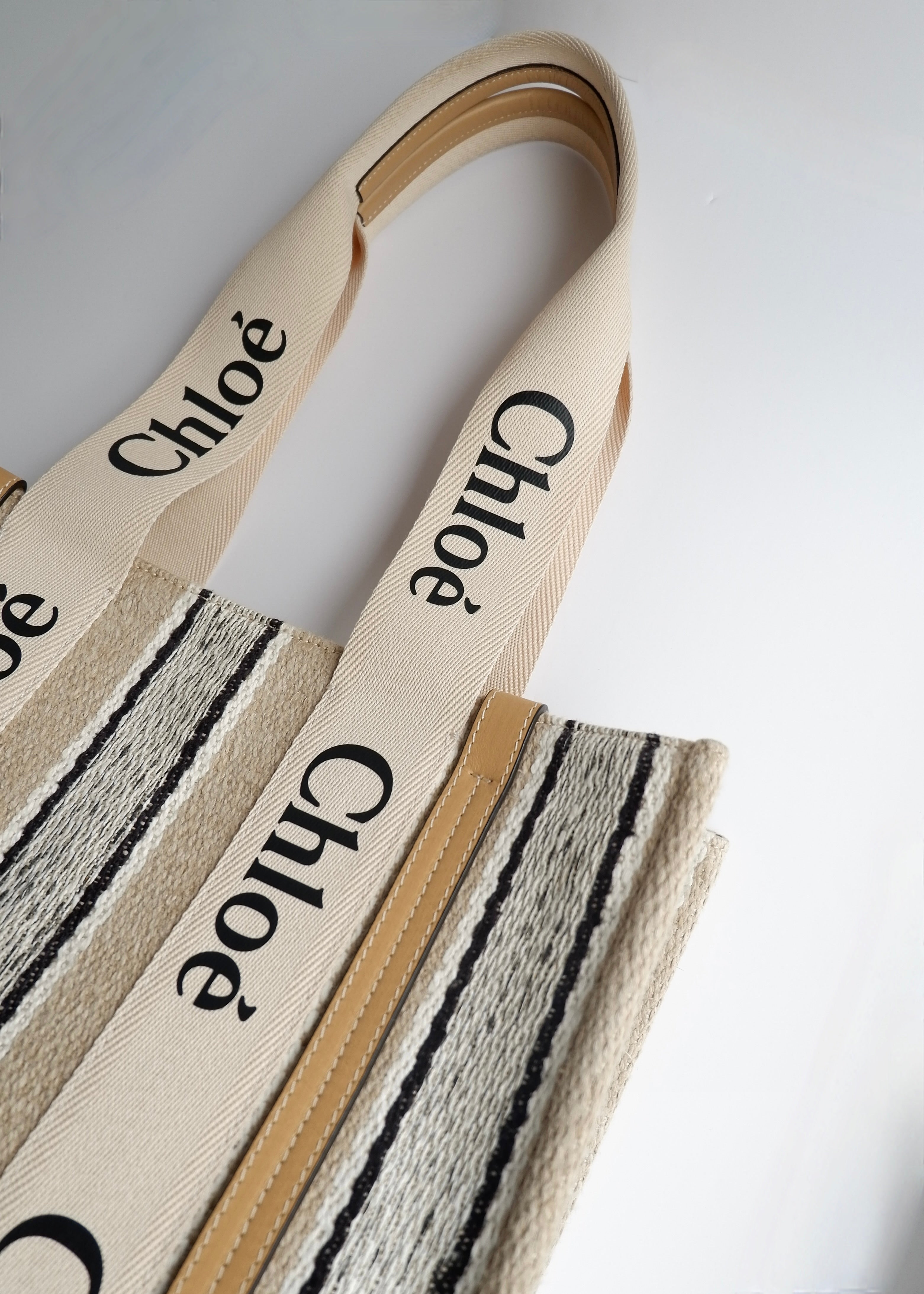Authentic Preowned Chloe Beige/Black Striped Canvas Medium Woody Tote Bag