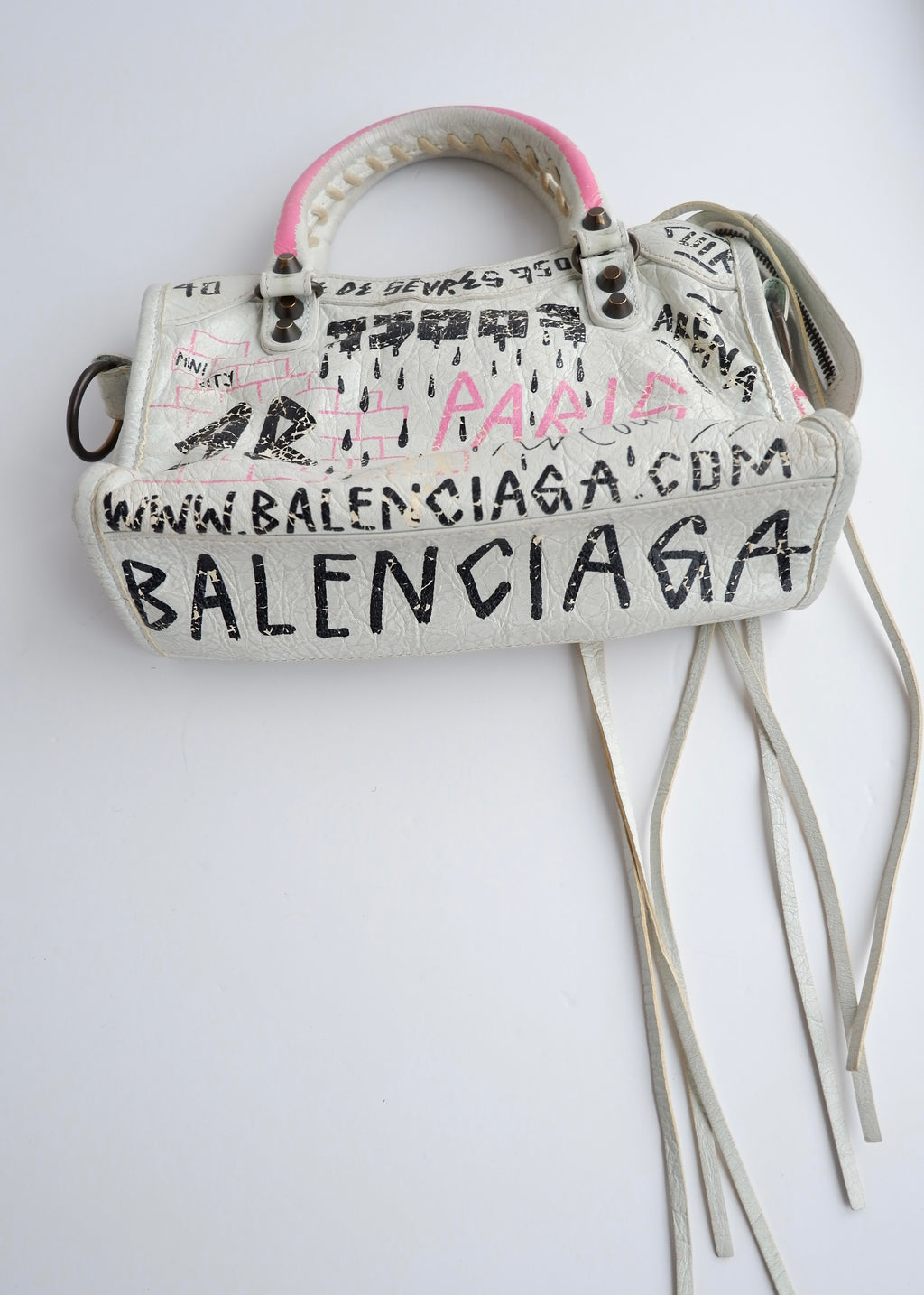 Sac Balenciaga City petite taille en cuir graffiti blanc/rose authentique d'occasion