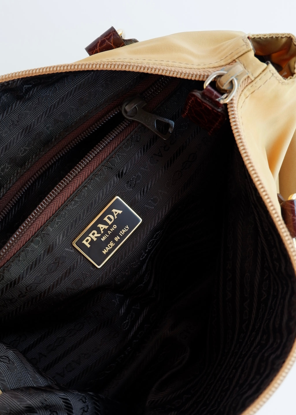 Authentic Preowned Vintage Prada Brown/Khaki Nylon/Patent Leather Handbag