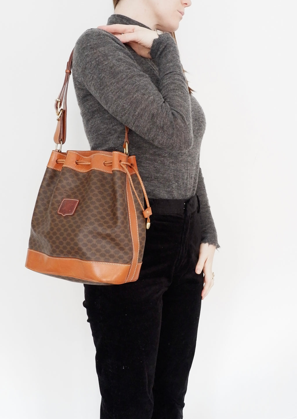 Authentic Preowned Vintage Celine Brown Macadam Bucket Crossbody Bag