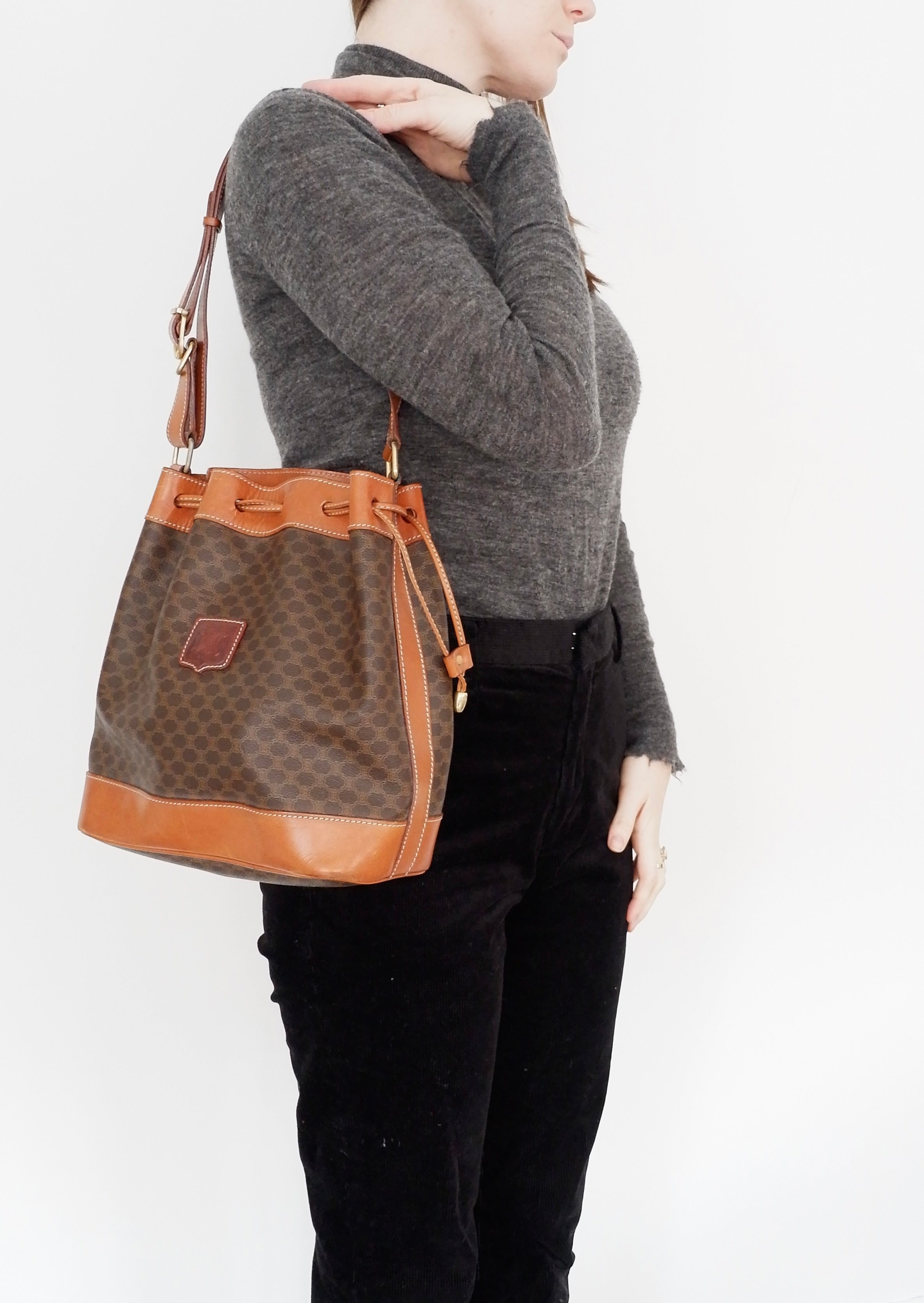 Authentic Preowned Vintage Celine Brown Macadam Bucket Crossbody Bag