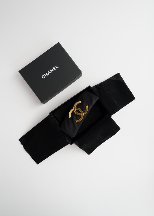 Authentic Preowned Chanel Black Satin Gold CC Logo Hair Beret