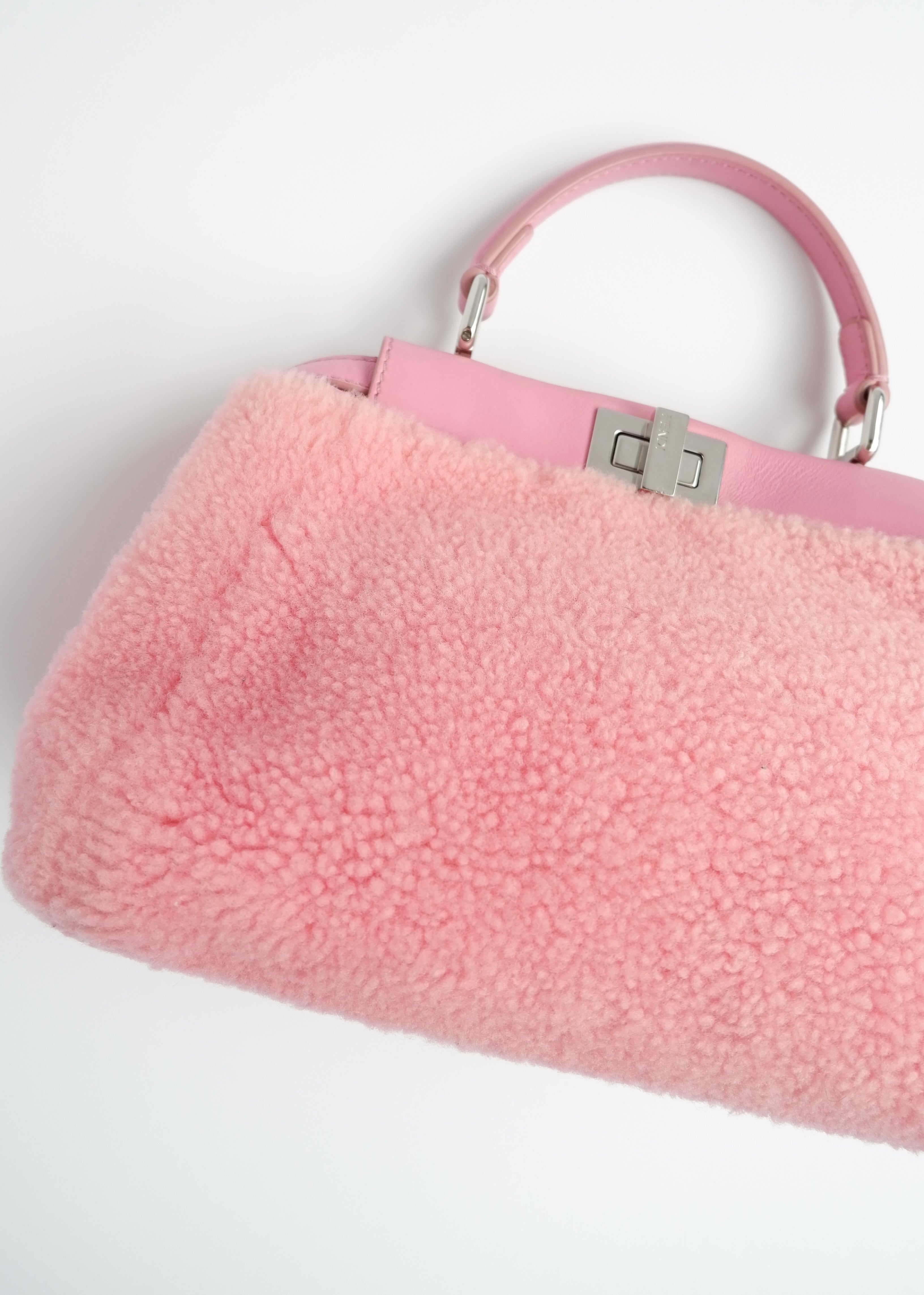Authentic Preowned Fendi Pink Shearling and Leather Small Peekaboo Bag