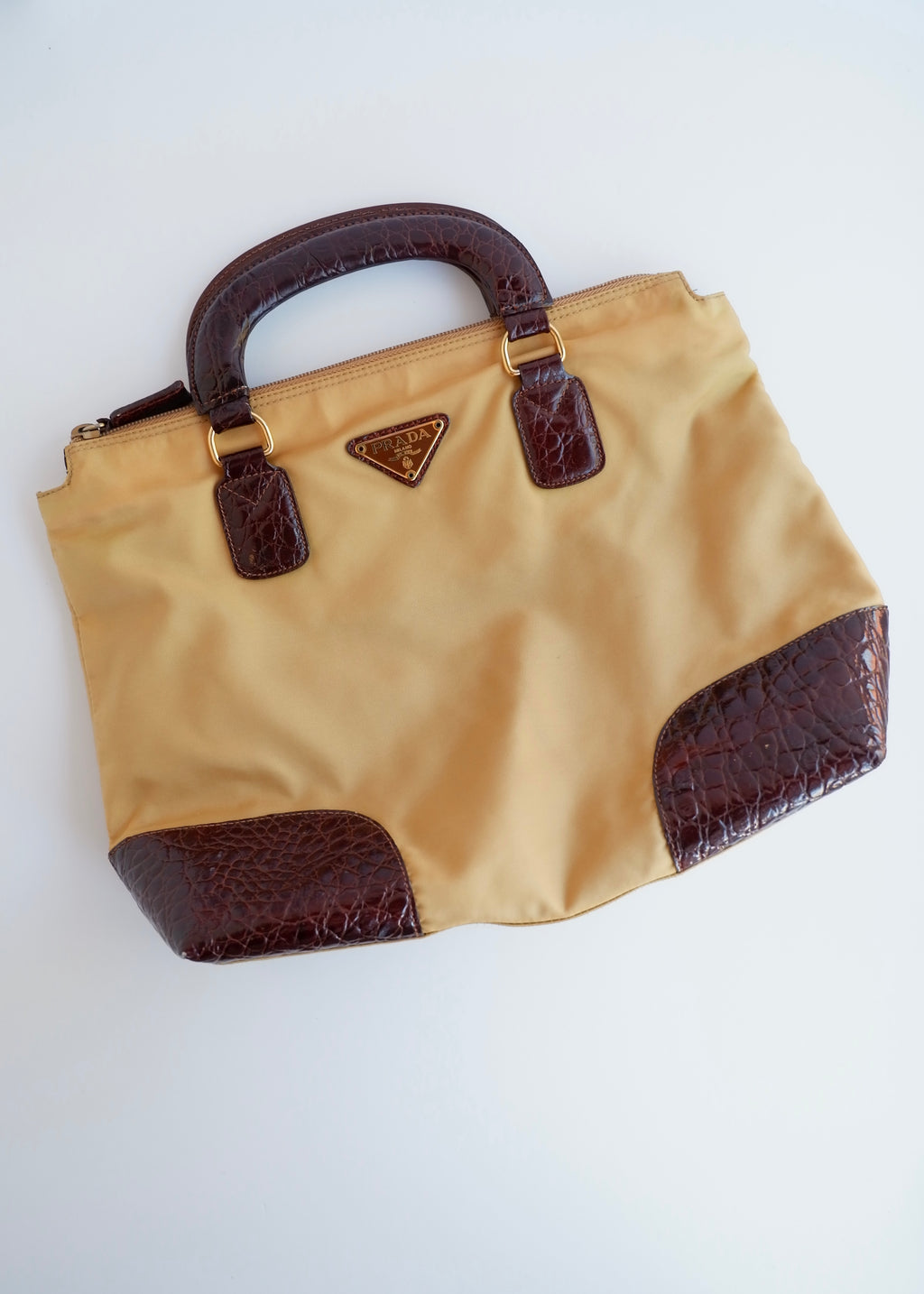 Authentic Preowned Vintage Prada Brown/Khaki Nylon/Patent Leather Handbag