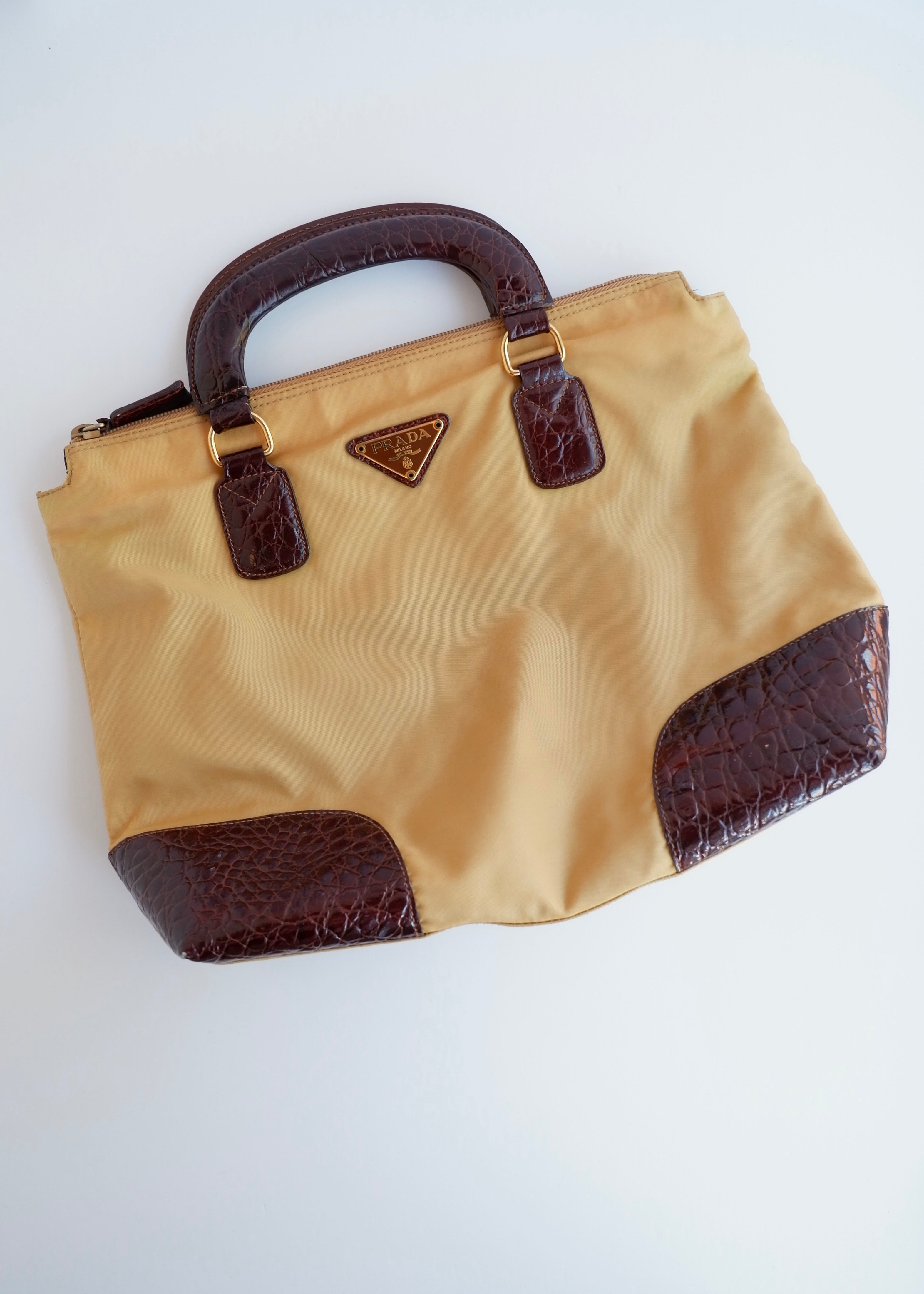 Authentic Preowned Vintage Prada Brown/Khaki Nylon/Patent Leather Handbag