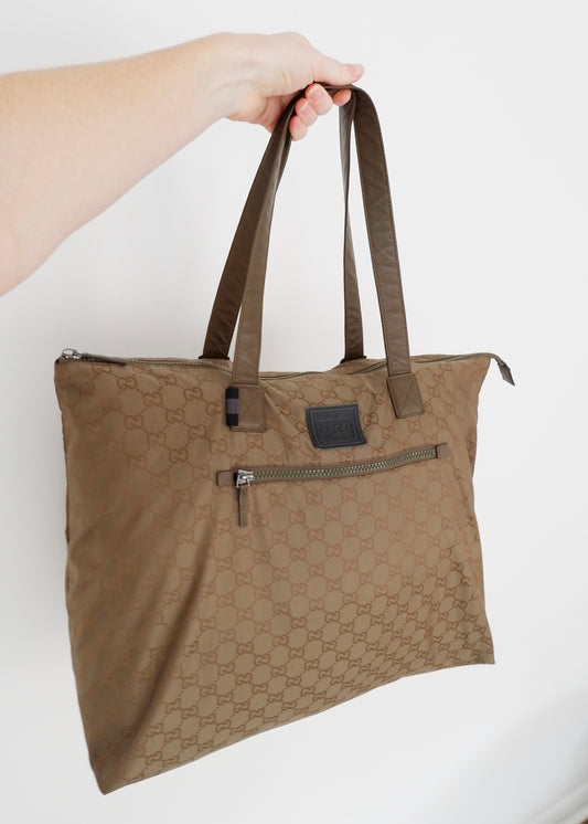 Authentic Preowned Gucci Olive Green Nylon Light Weight GG Print Extra Larger Travel Tote