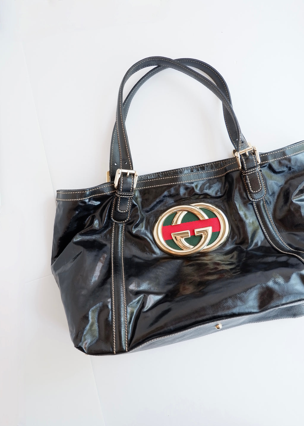Preowned Gucci Black Dialux/ Patent Leather Britt Shoulder Tote