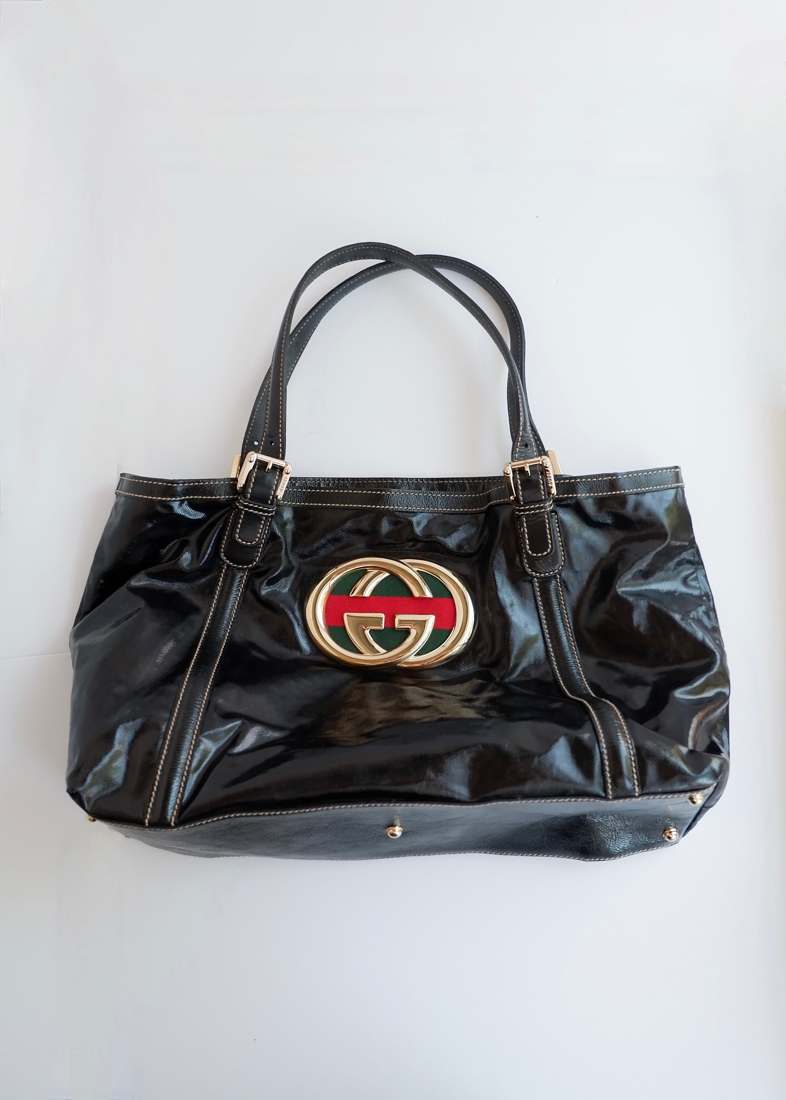 Preowned Gucci Black Dialux/ Patent Leather Britt Shoulder Tote