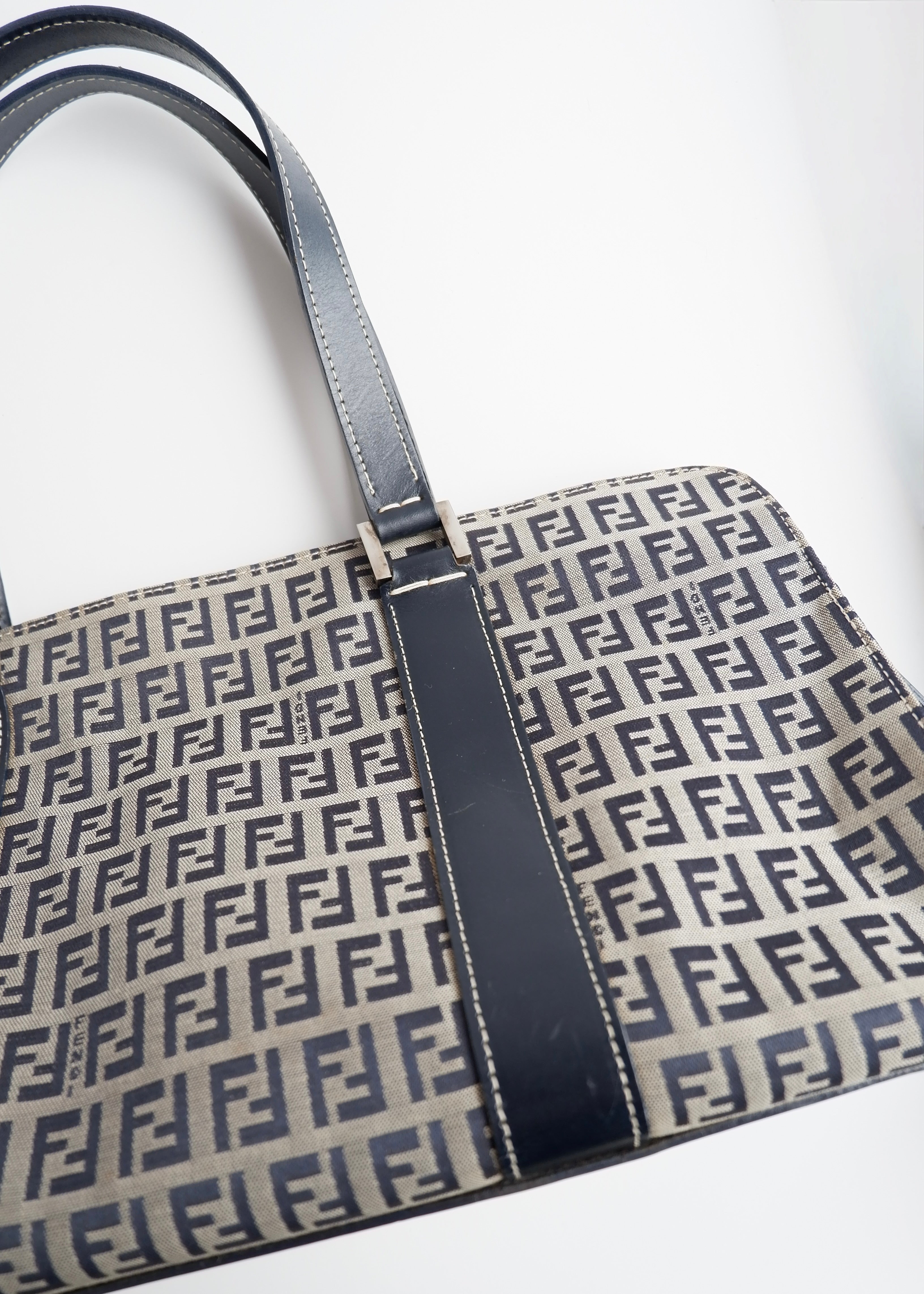Authentic Preowned Vintage Fendi Navy Zucchino East West Shoulder Bag