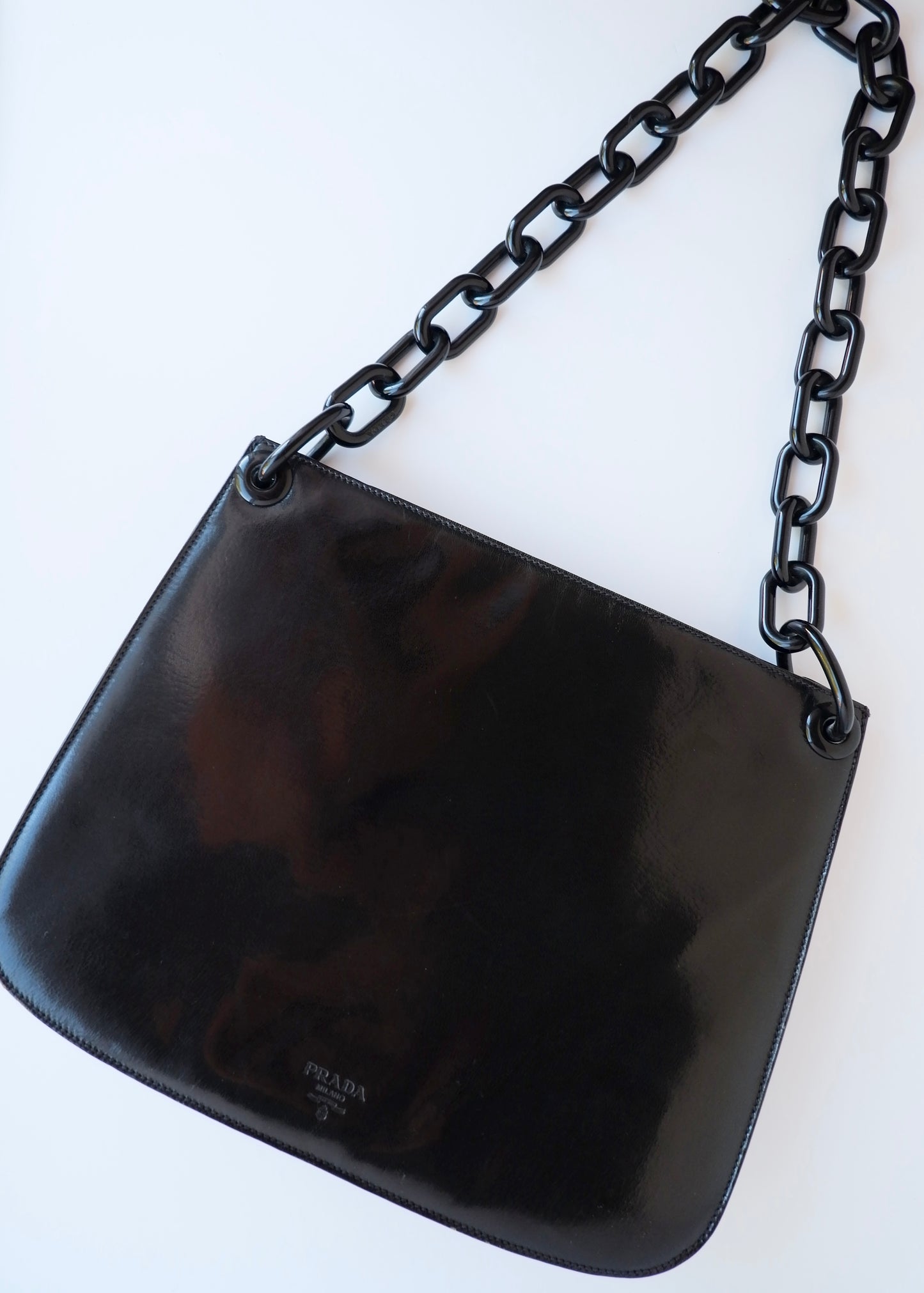 Authentic Preowned Vintage Prada Black Patent Leather Long Chain Shoulder Bag