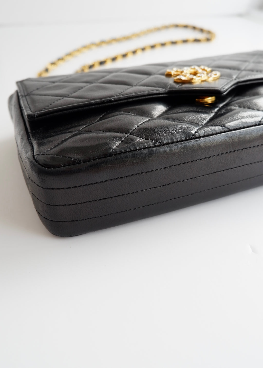 Authentic Preowned Vintage Chanel Black Lambskin Quilted Single Flap Crystal CC Logo Bag GHW