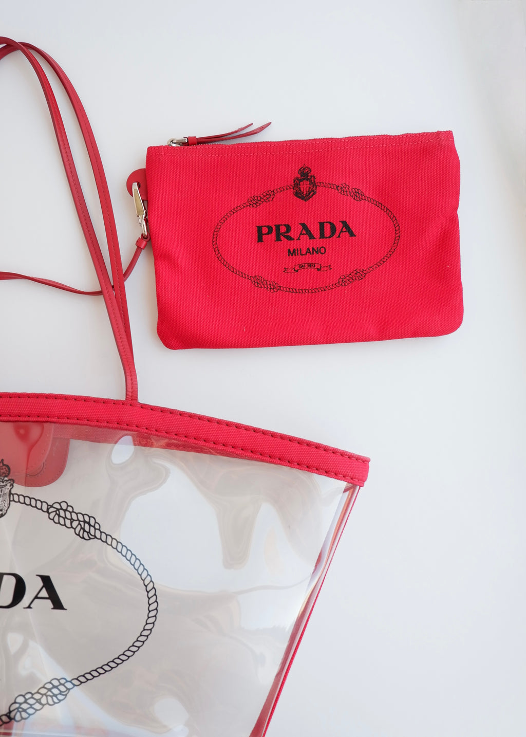 Authentic Preowned Prada Red Canvas/ Transparent Tote Bag