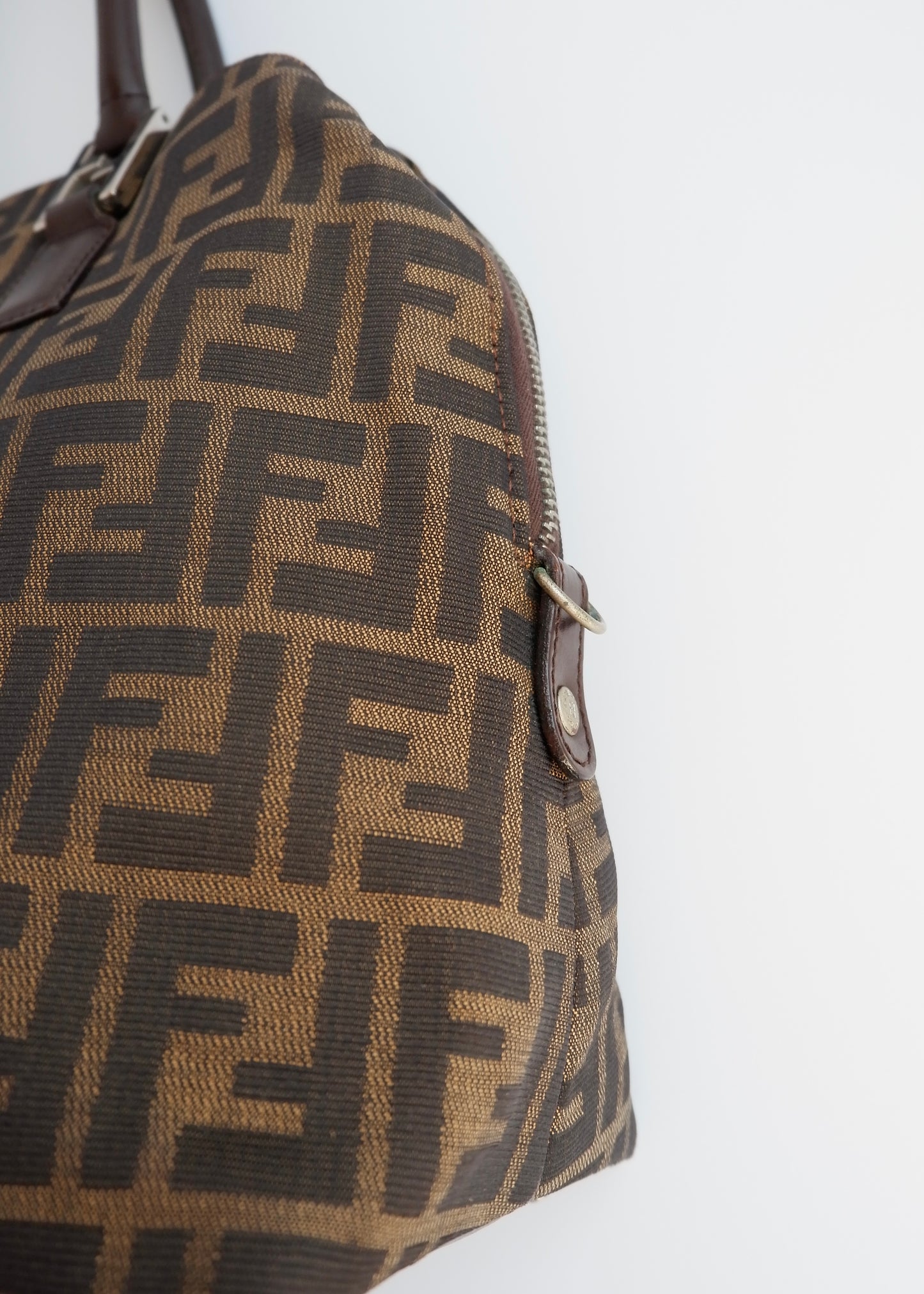 Authentic Preownd Vintage Fendi Brown Canvas Zucca Bowler Shoulder Bag