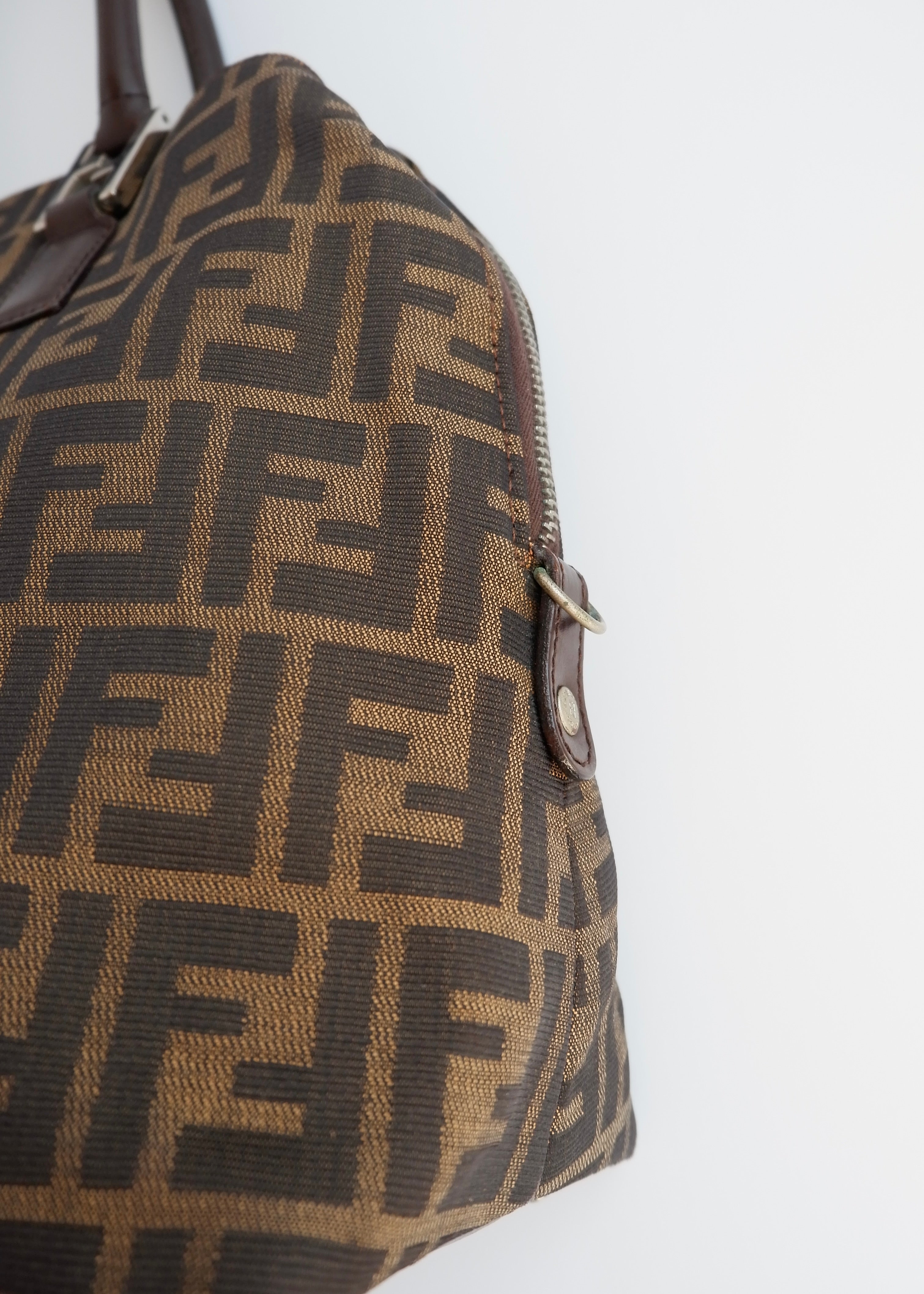 Authentic Preownd Vintage Fendi Brown Canvas Zucca Bowler Shoulder Bag