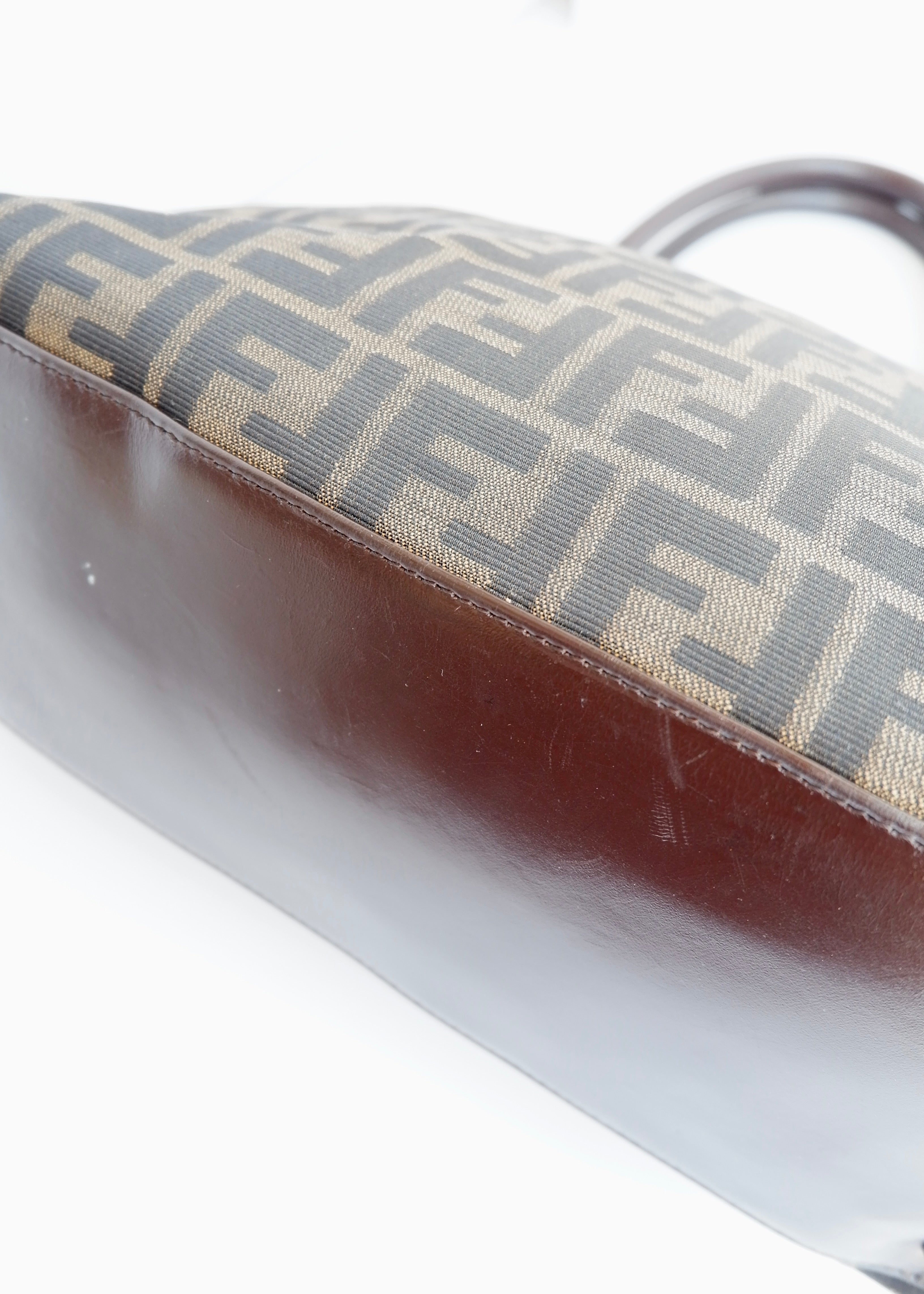 Authentic Preownd Vintage Fendi Brown Canvas Zucca Bowler Shoulder Bag