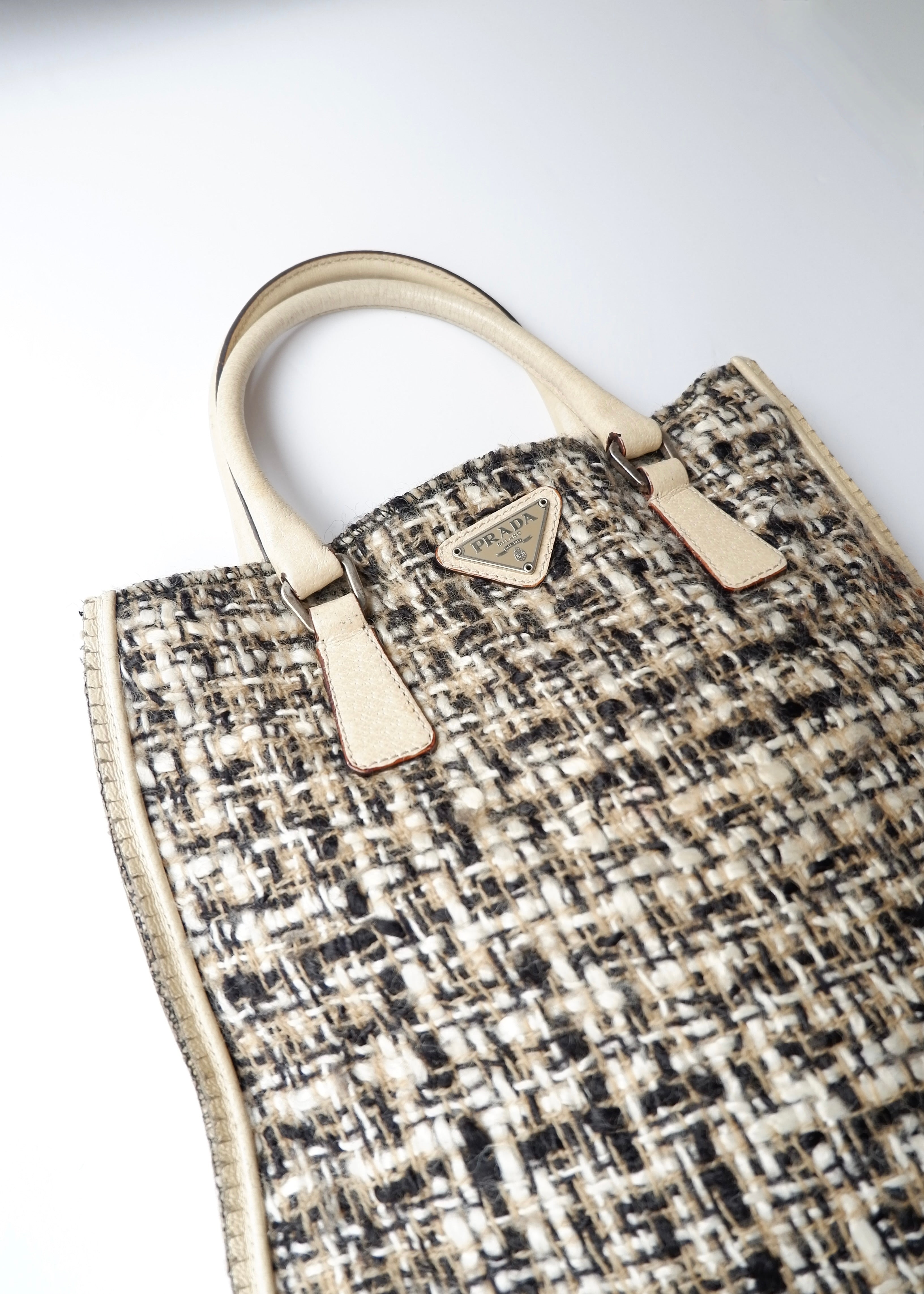 Preowned Prada Beige Tweed/ Leather Top Handle Bag