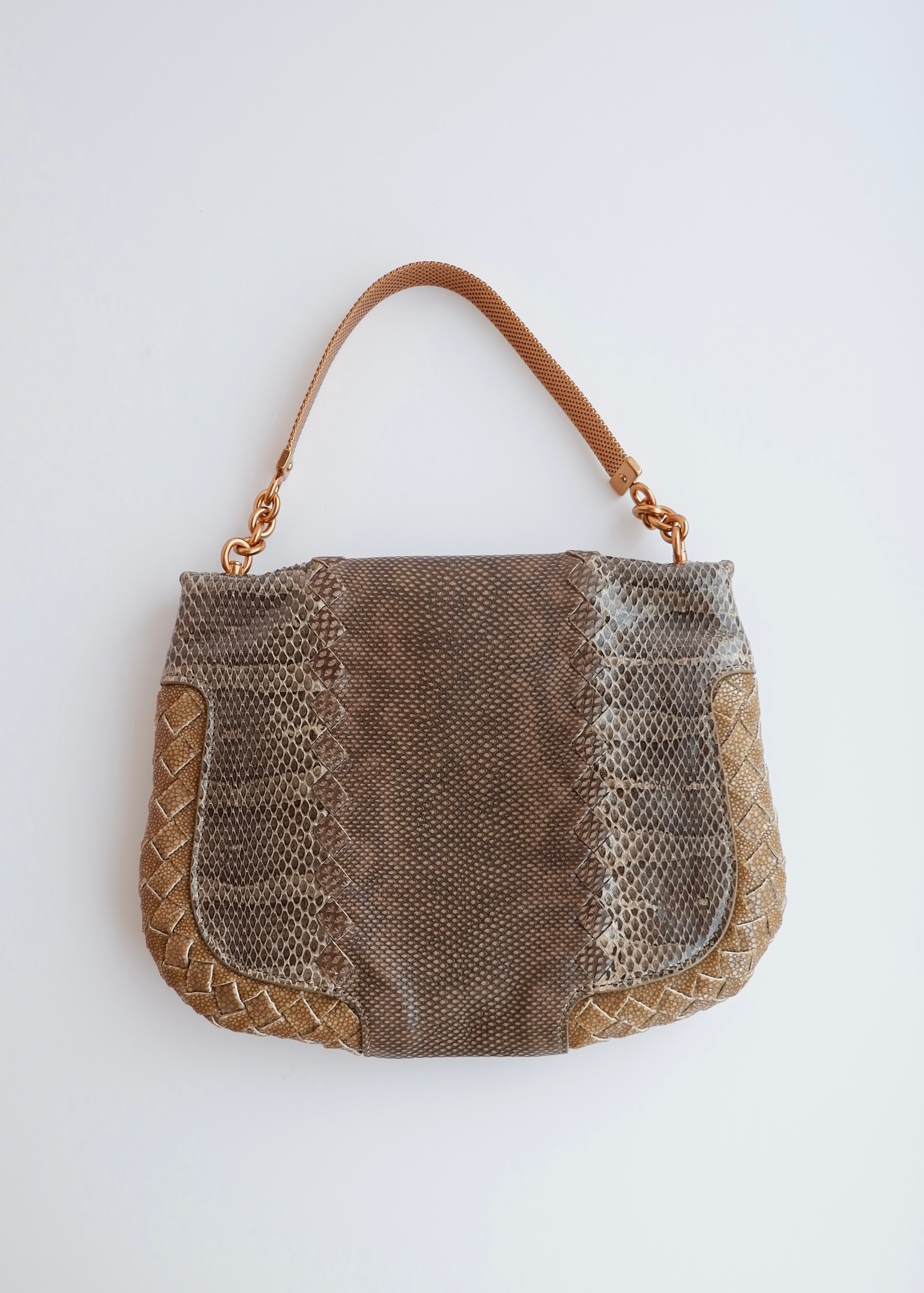 Sac à main en cuir embossé marron/beige Bottega Veneta d'occasion authentique